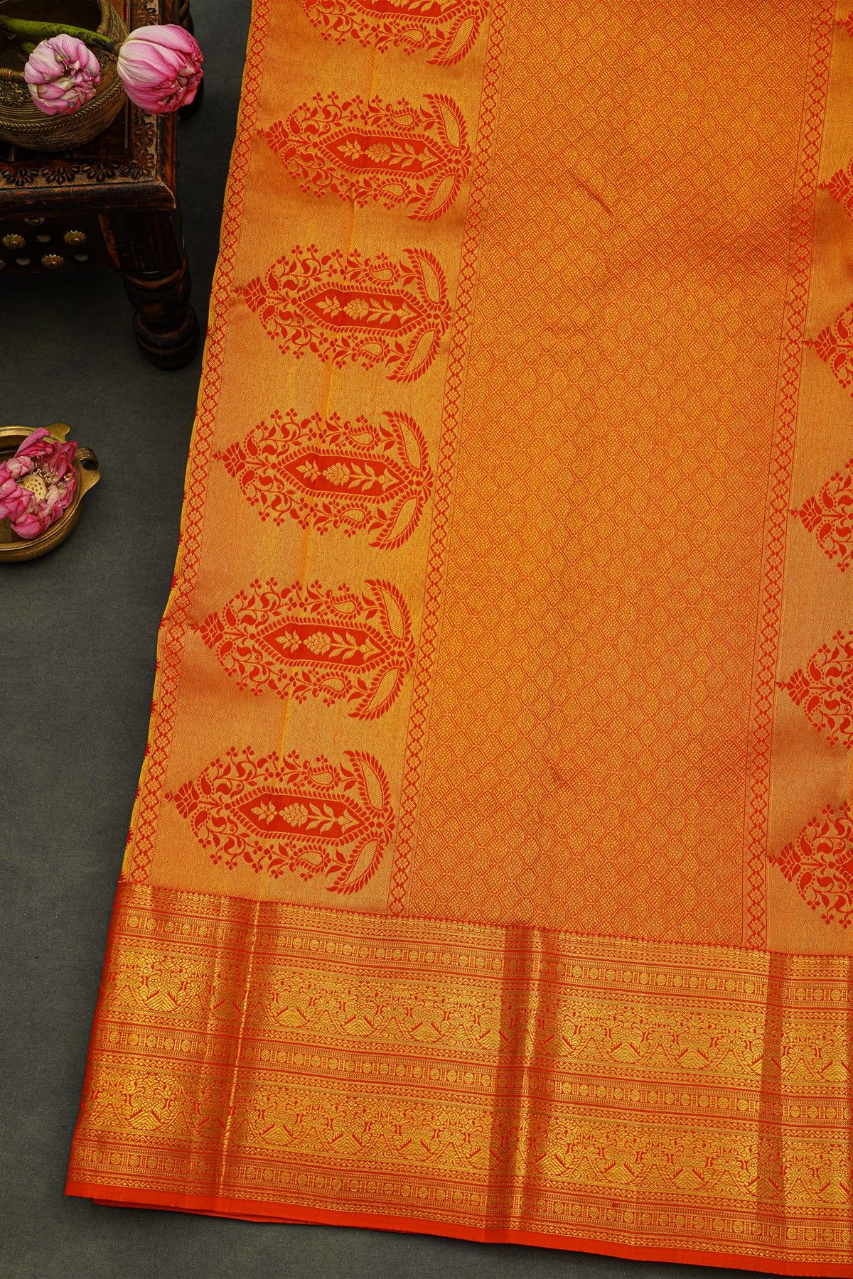 Kancheepuram Silk Orange Saree With Birds And Animals In Checks Body