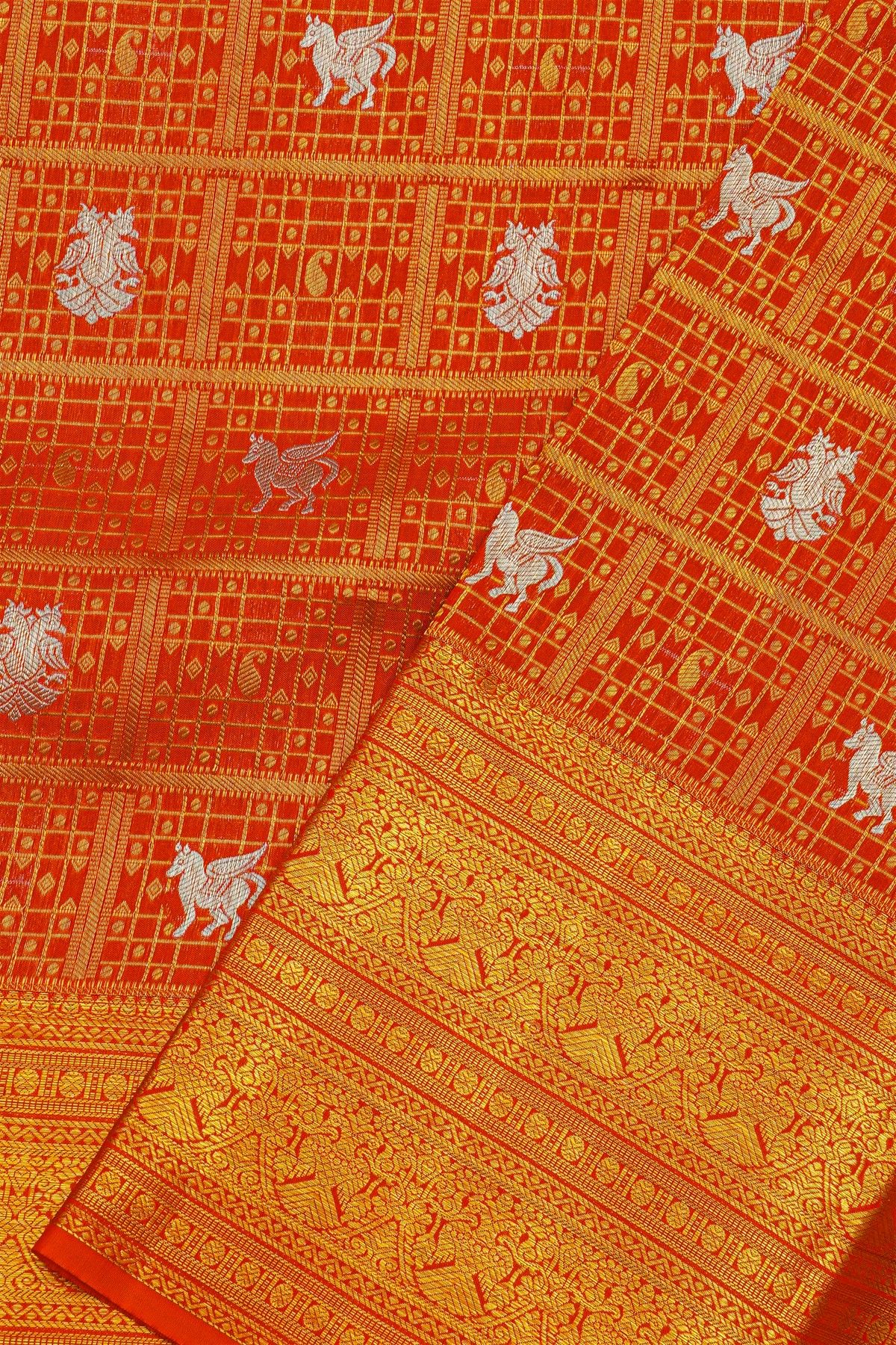 Kancheepuram Silk Orange Saree With Birds And Animals In Checks Body