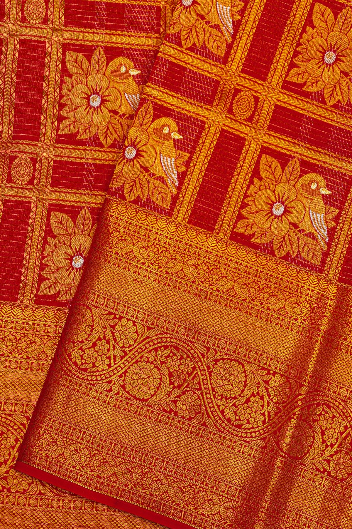Kancheepuram Silk Red Saree With Floral Brocade Pallu