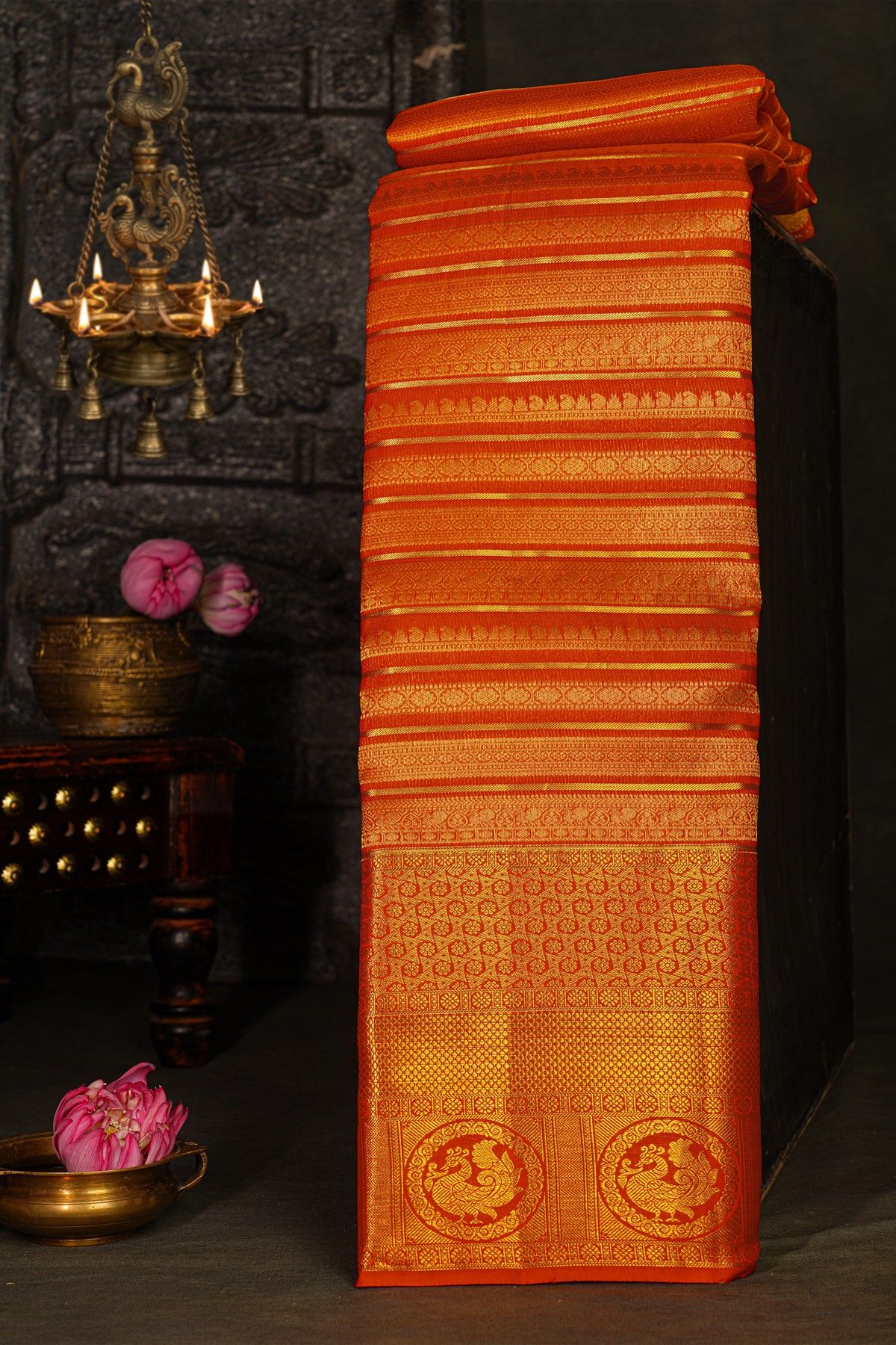 Kancheepuram Silk Maroon Saree Strips With Self Florals And Peacocks In Zari Border