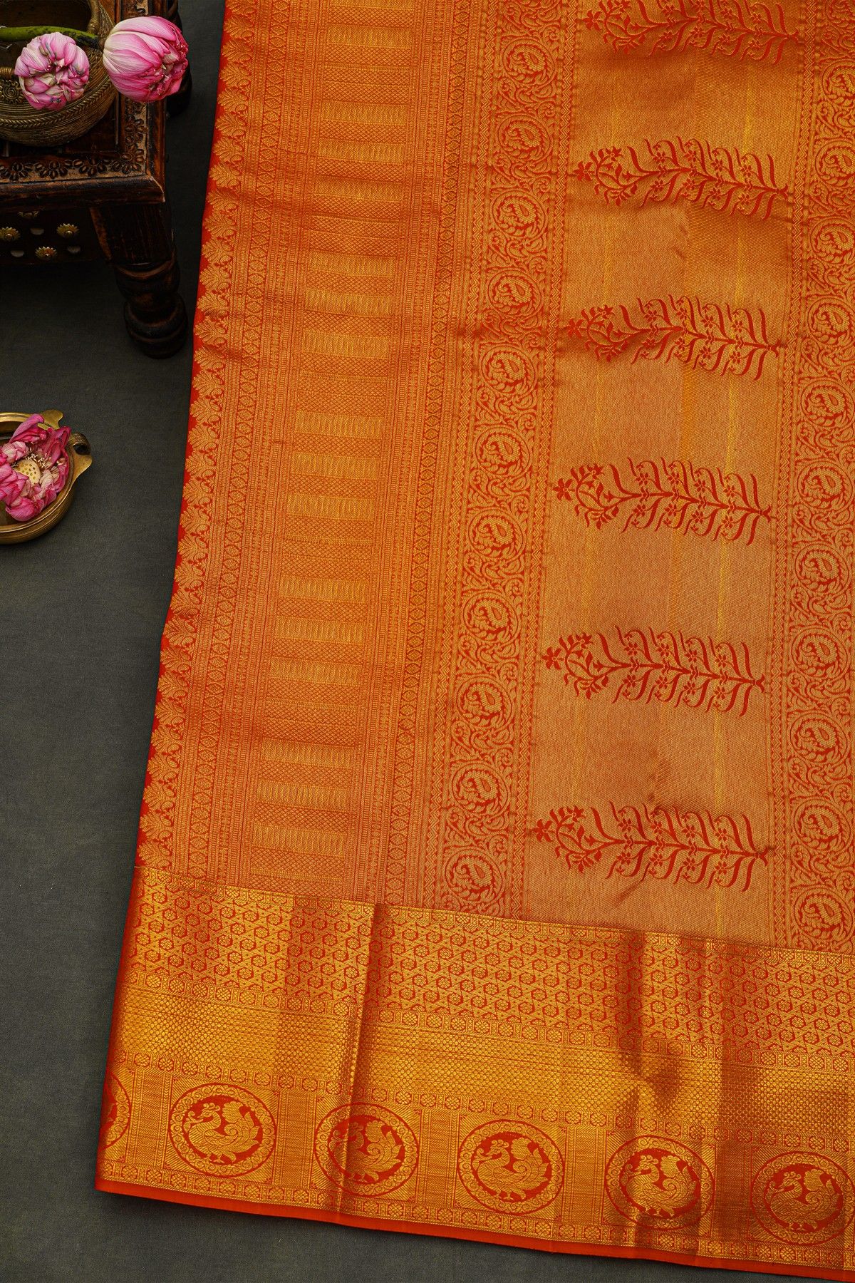 Kancheepuram Silk Maroon Saree Strips With Self Florals And Peacocks In Zari Border