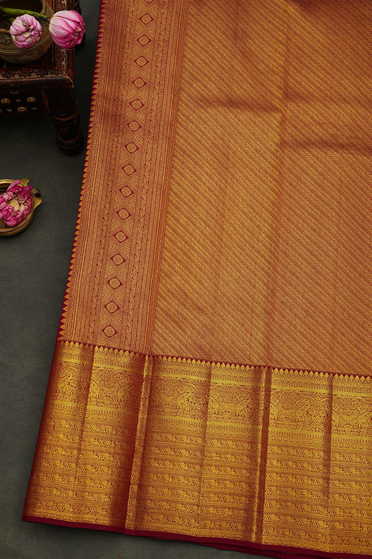 Kancheepuram Silk Cream Saree With Animal Buttis Body And Contrast Florals And Leaves With Animals Border