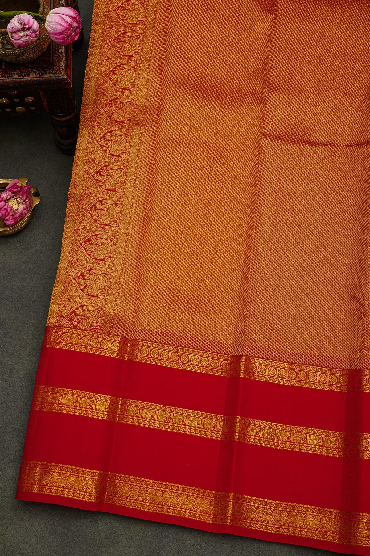 Kancheepuram Silk Off White Saree With Florals And Buttis Body And Contrast Gap With Elephant Motifs Border