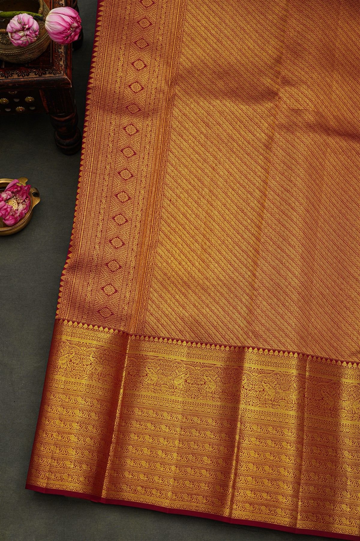 Kancheepuram Silk Off White Saree With Florals And Buttis Body And Contrast Florals And Leaves With Animals Border