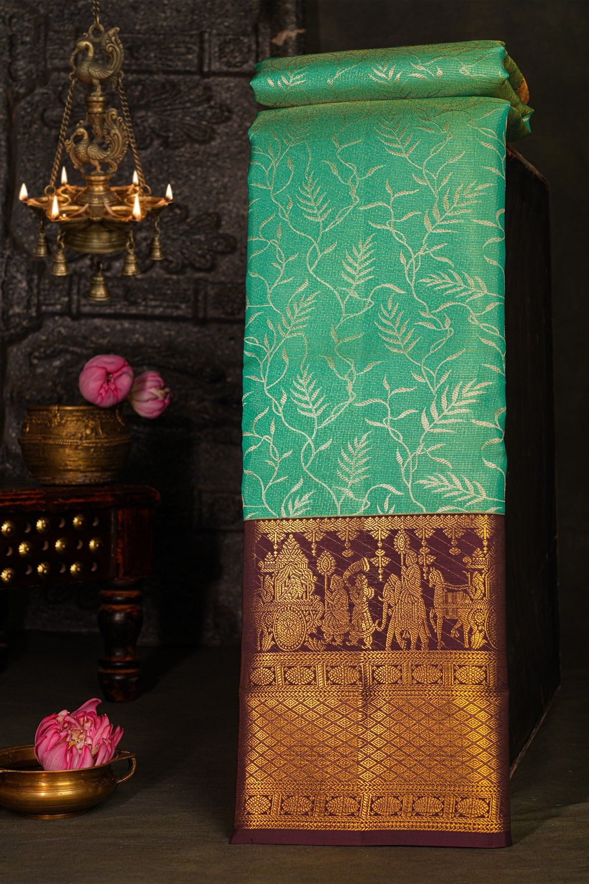Kancheepuram Silk Sea Green Saree With Pallaki Motif Border
