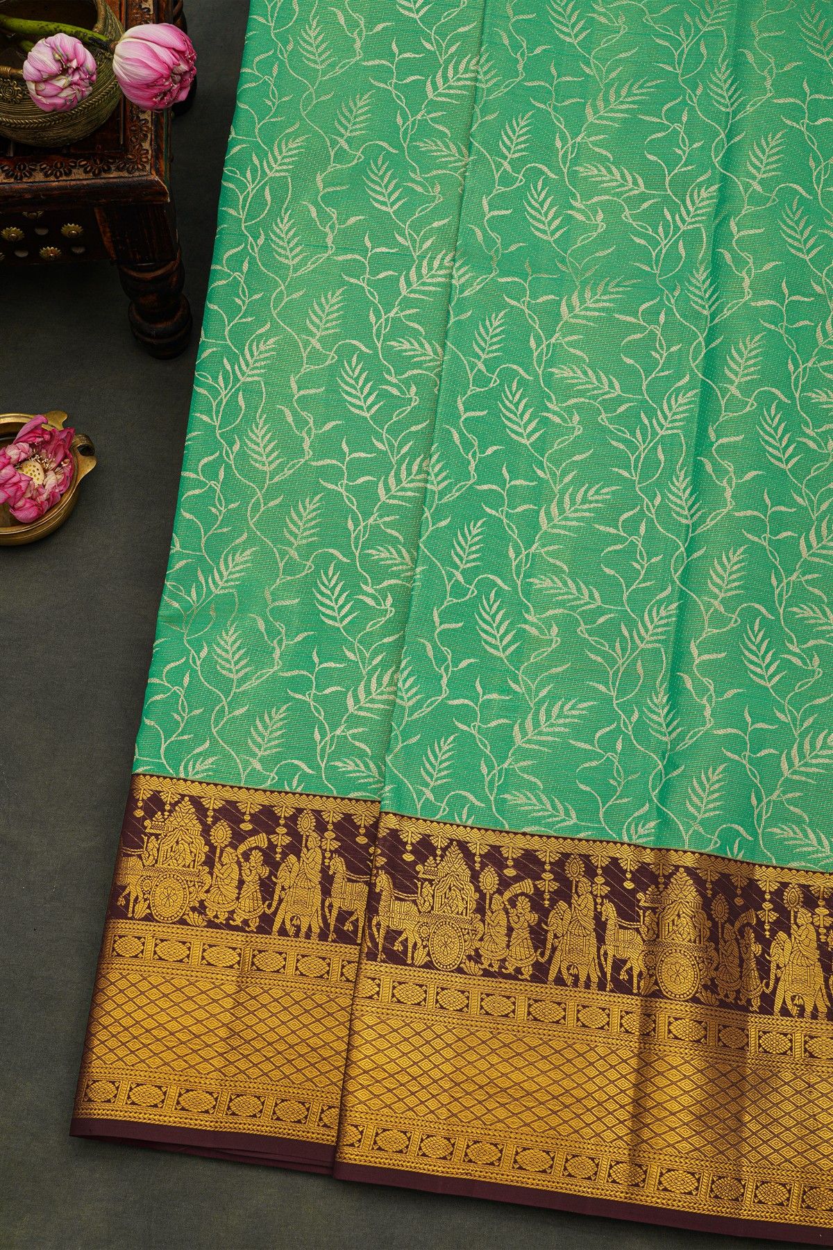 Kancheepuram Silk Sea Green Saree With Pallaki Motif Border