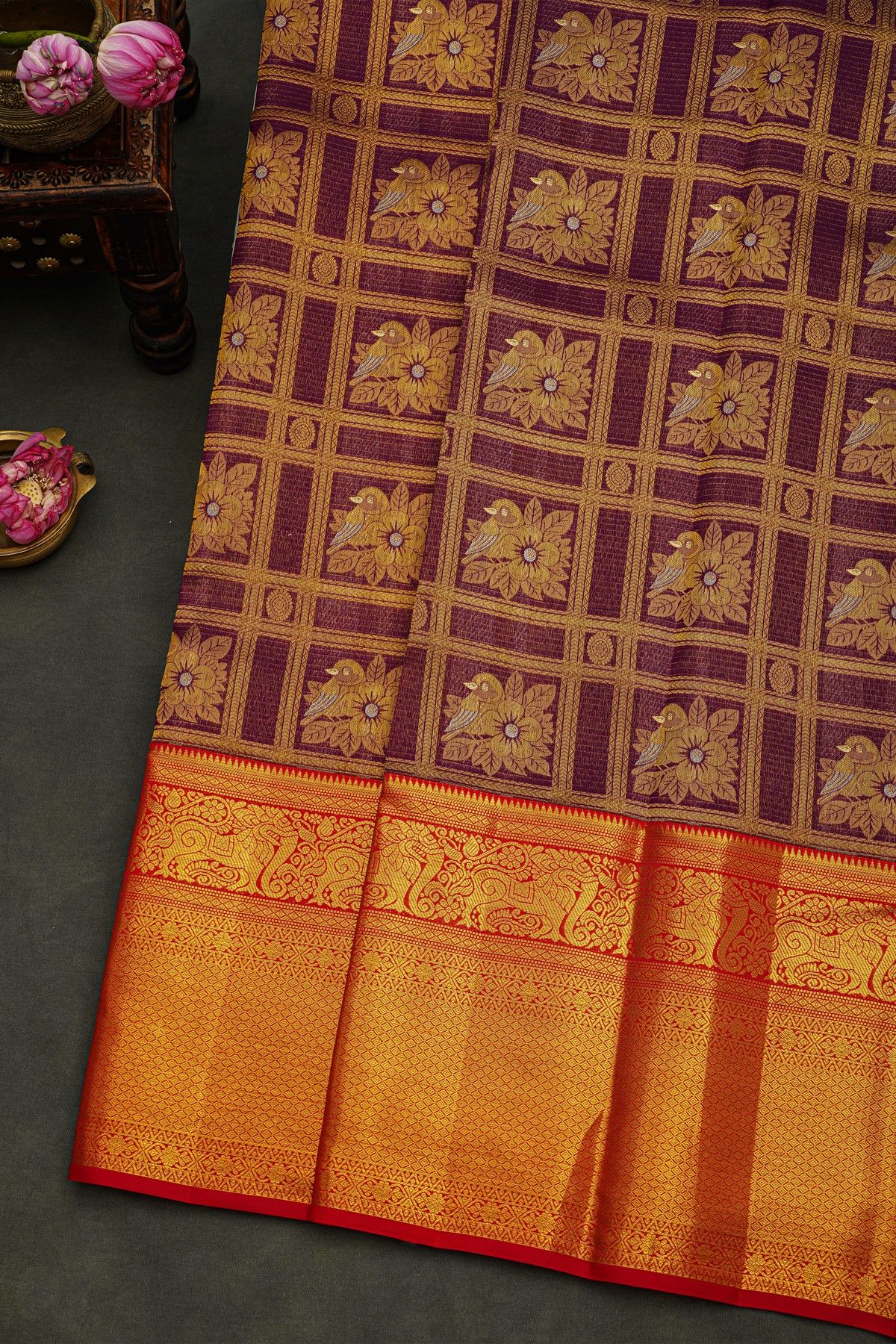 Kancheepuram Silk Violet Saree With Florals And Birds In Checks Body And Contrast Diamonds In Zari With Florals And Animals Border