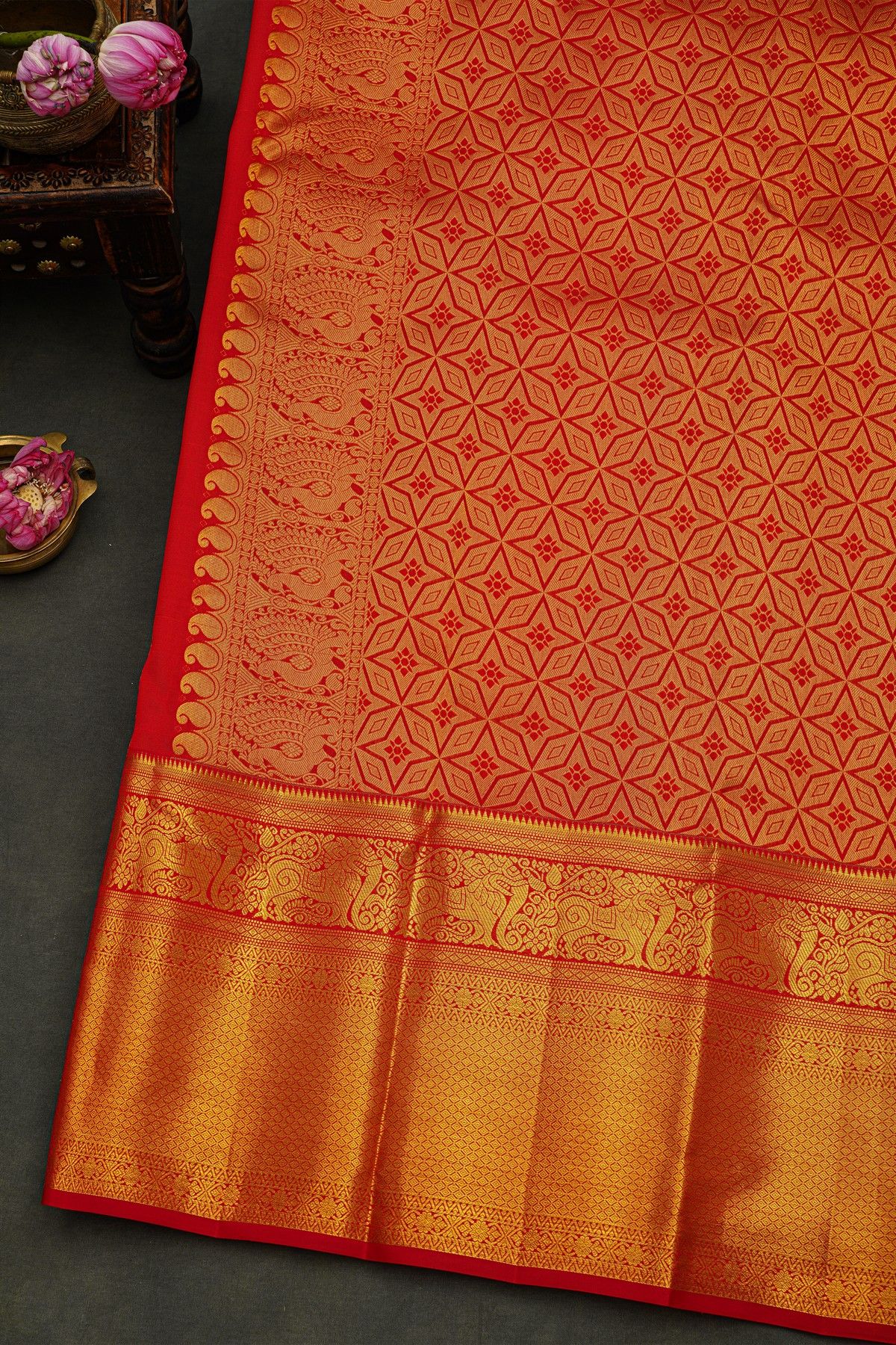 Kancheepuram Silk Violet Saree With Florals And Birds In Checks Body And Contrast Diamonds In Zari With Florals And Animals Border