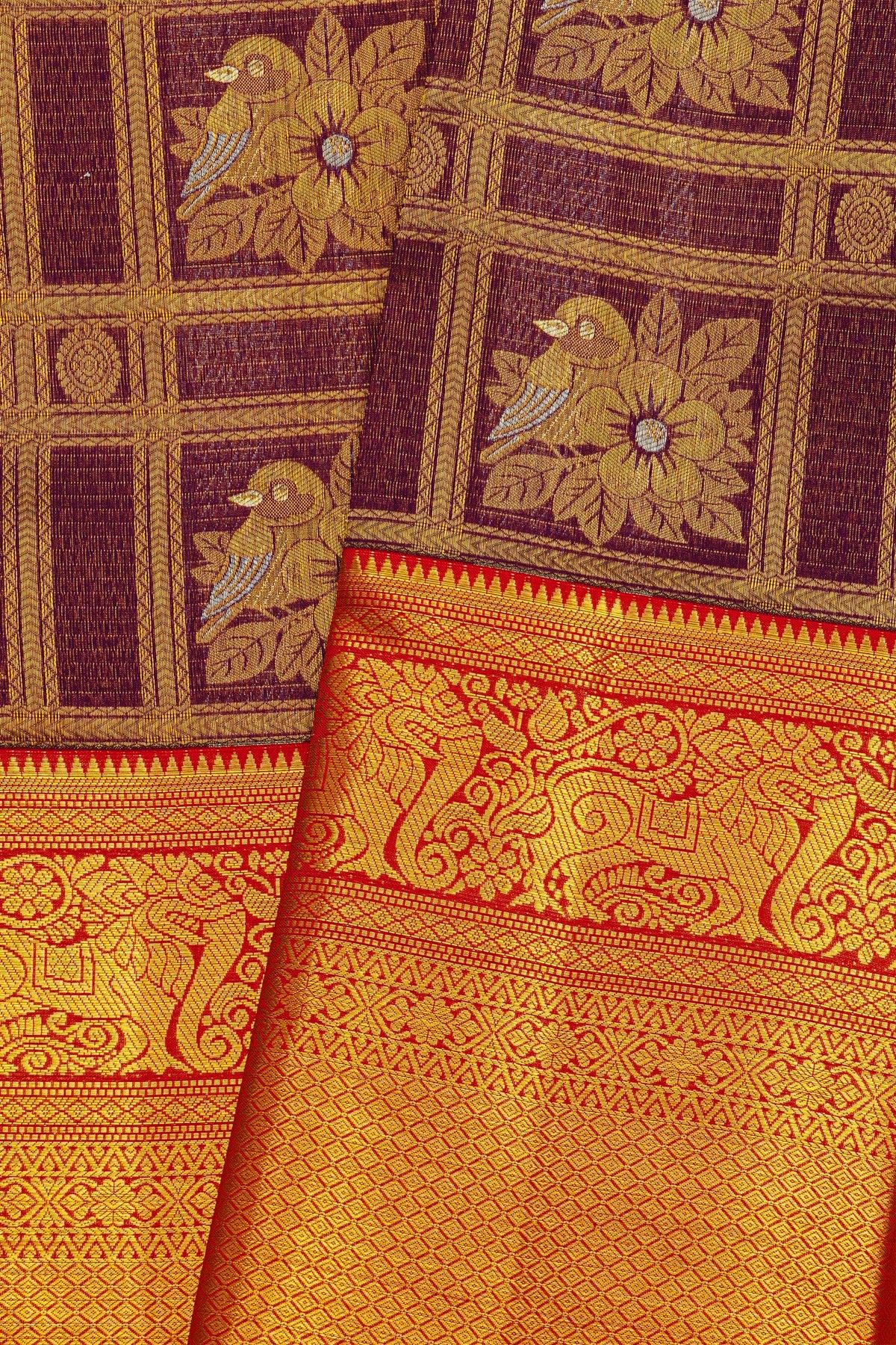 Kancheepuram Silk Violet Saree With Florals And Birds In Checks Body And Contrast Diamonds In Zari With Florals And Animals Border