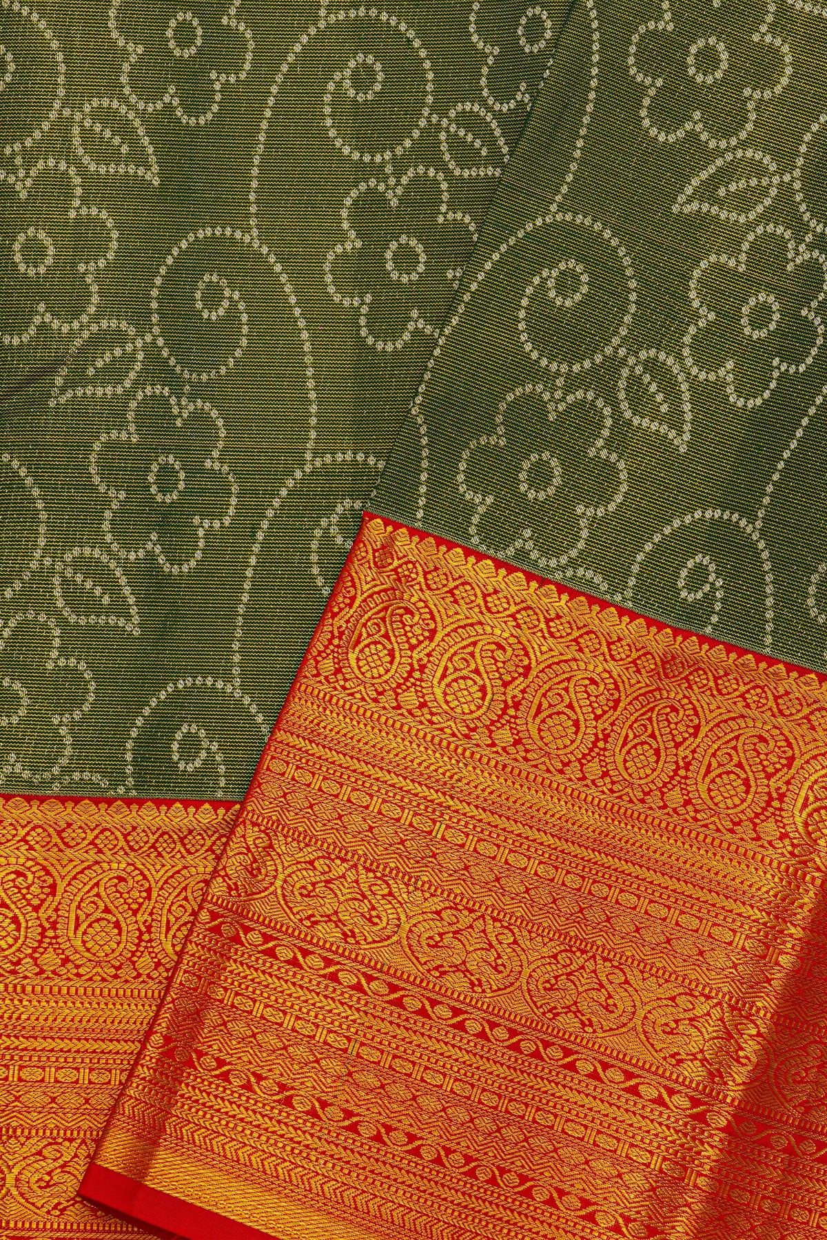 Kancheepuram Tissue Bottle Green Saree With Florals Jaal Body And Mango Paisley Border