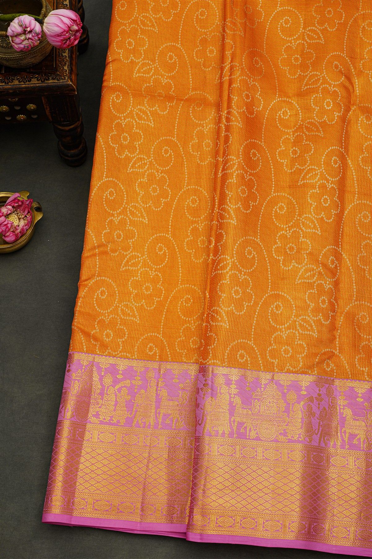 Kancheepuram Silk Orange Saree With Florals And Leaves Body And Contrast Pallaki Motifs Border