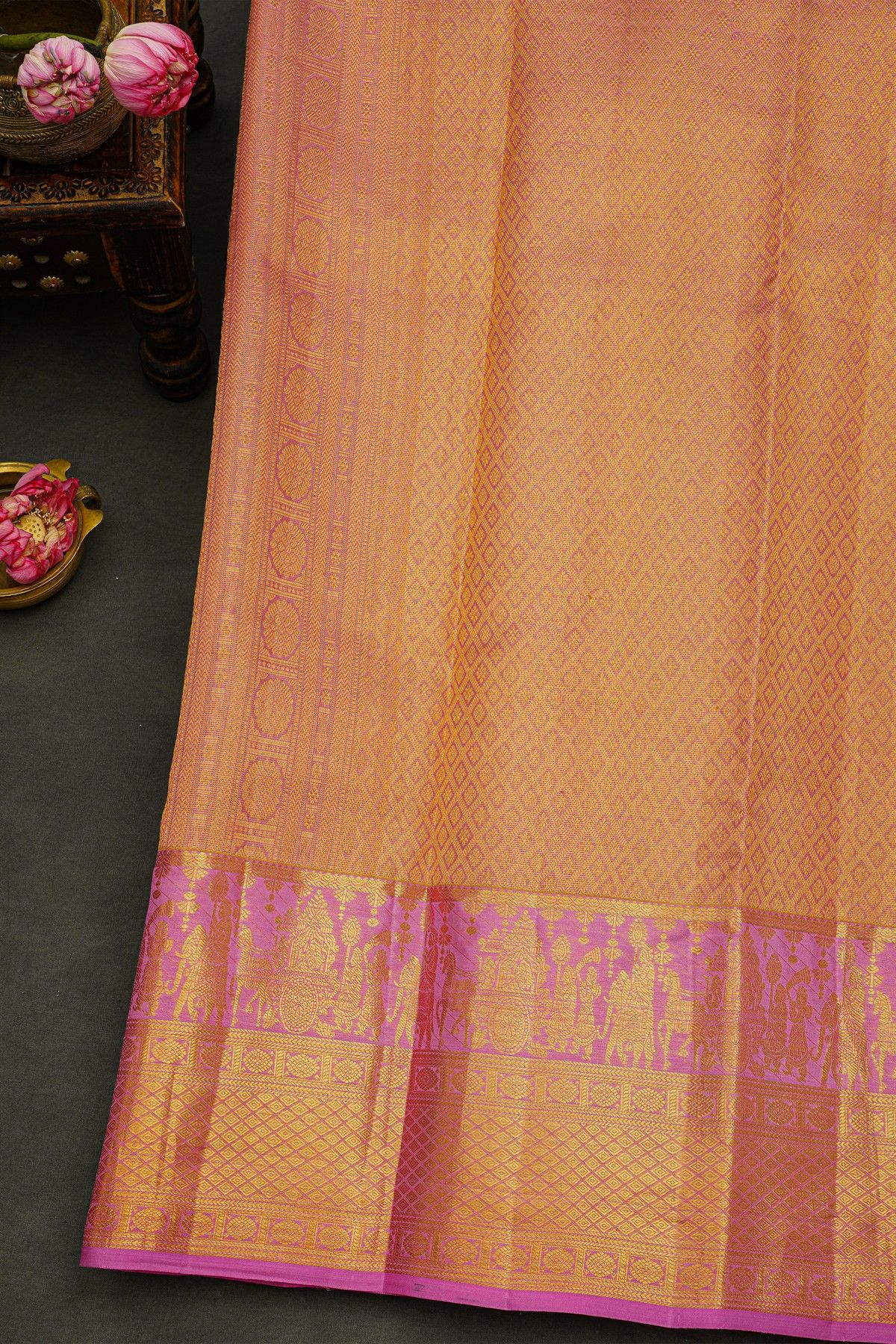 Kancheepuram Silk Orange Saree With Florals And Leaves Body And Contrast Pallaki Motifs Border