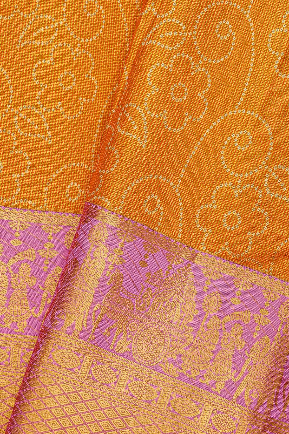 Kancheepuram Silk Orange Saree With Florals And Leaves Body And Contrast Pallaki Motifs Border
