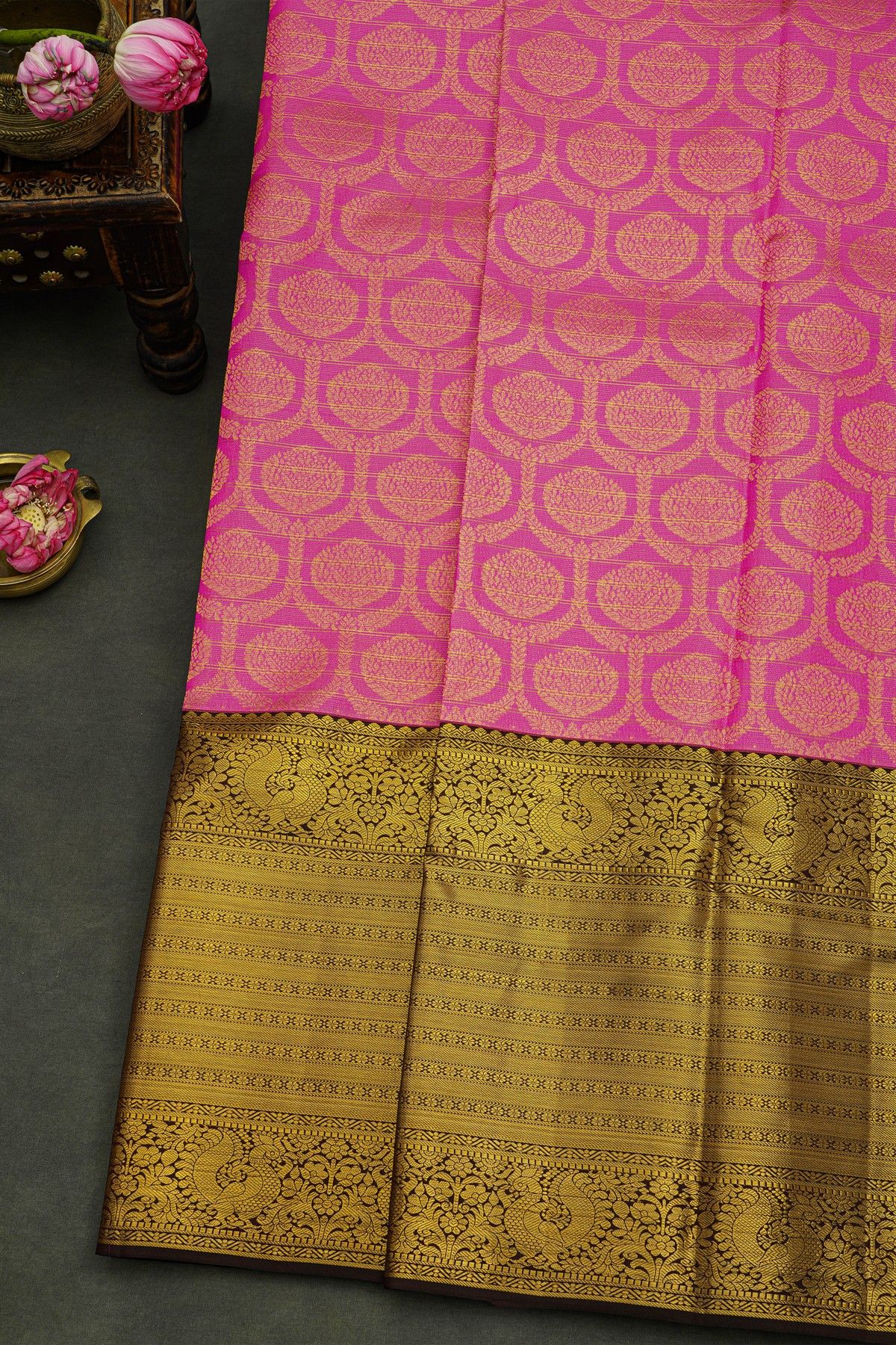 Kancheepuram Silk Pink Saree With Florals And Leaves Body And Contrast Florals And Leaves With Peacocks Border