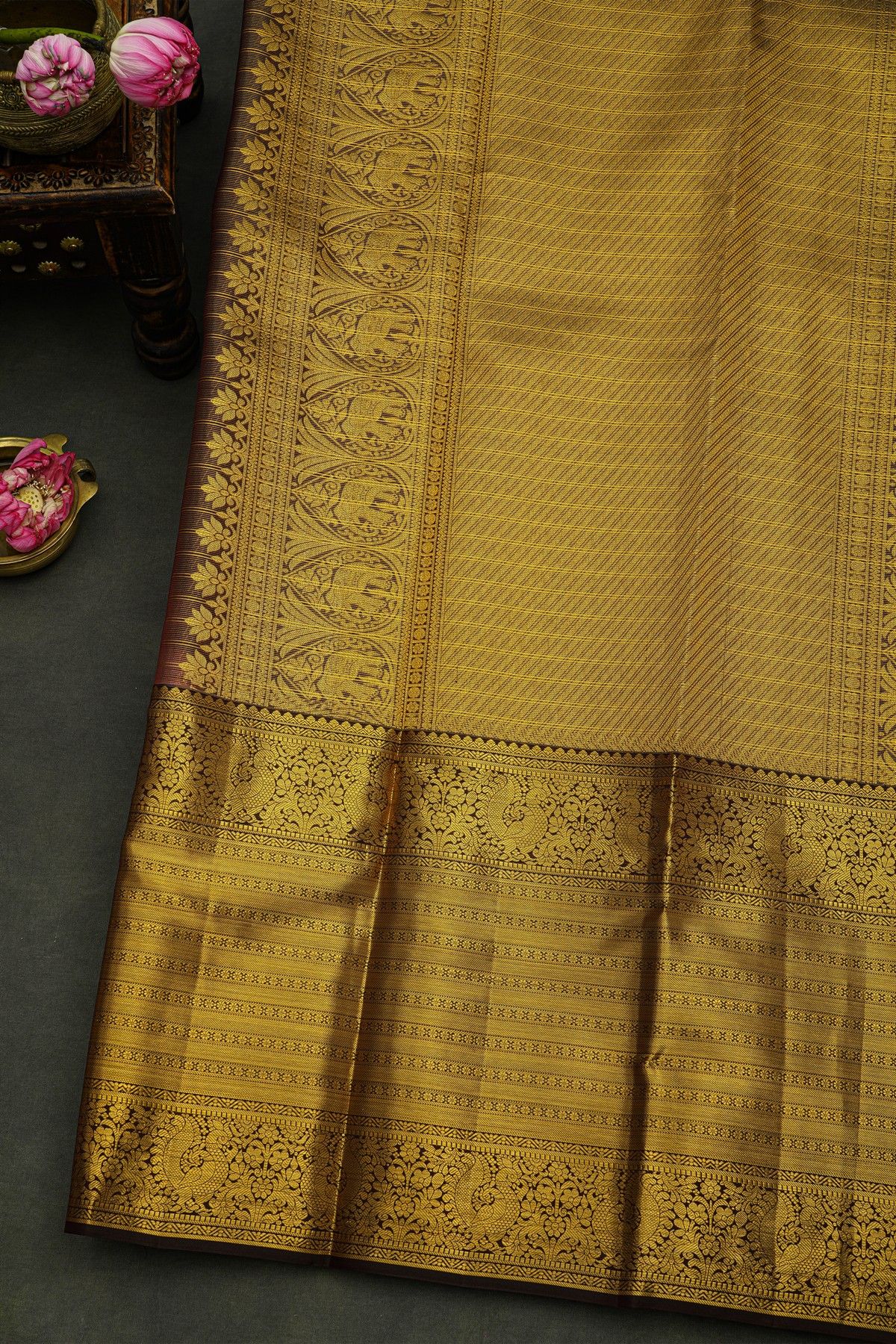 Kancheepuram Silk Pink Saree With Florals And Leaves Body And Contrast Florals And Leaves With Peacocks Border