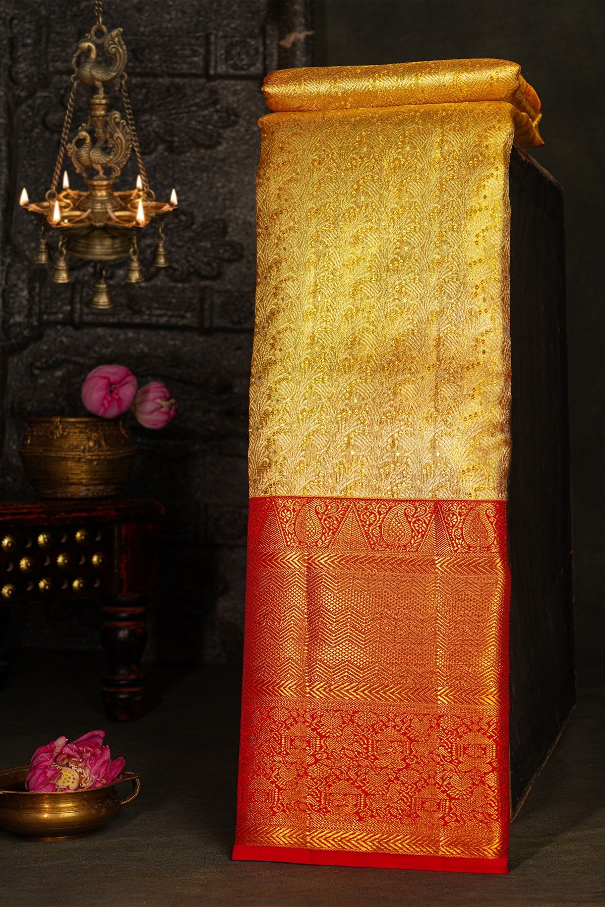 Kancheepuram Silk Gold Saree With Florals And Leaves Body And Contrast Zig-Zag Lines With Florals And Animals Border