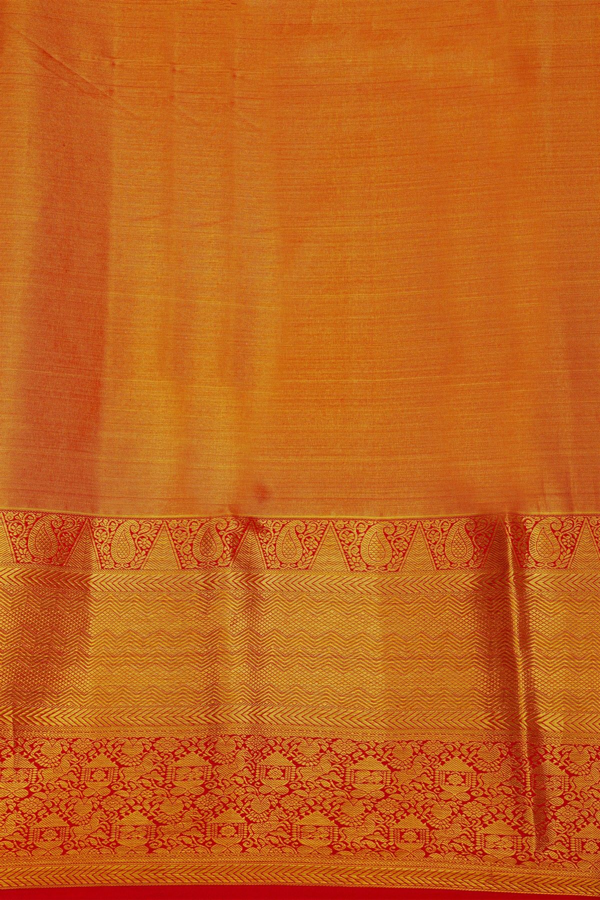 Kancheepuram Silk Gold Saree With Florals And Leaves Body And Contrast Zig-Zag Lines With Florals And Animals Border