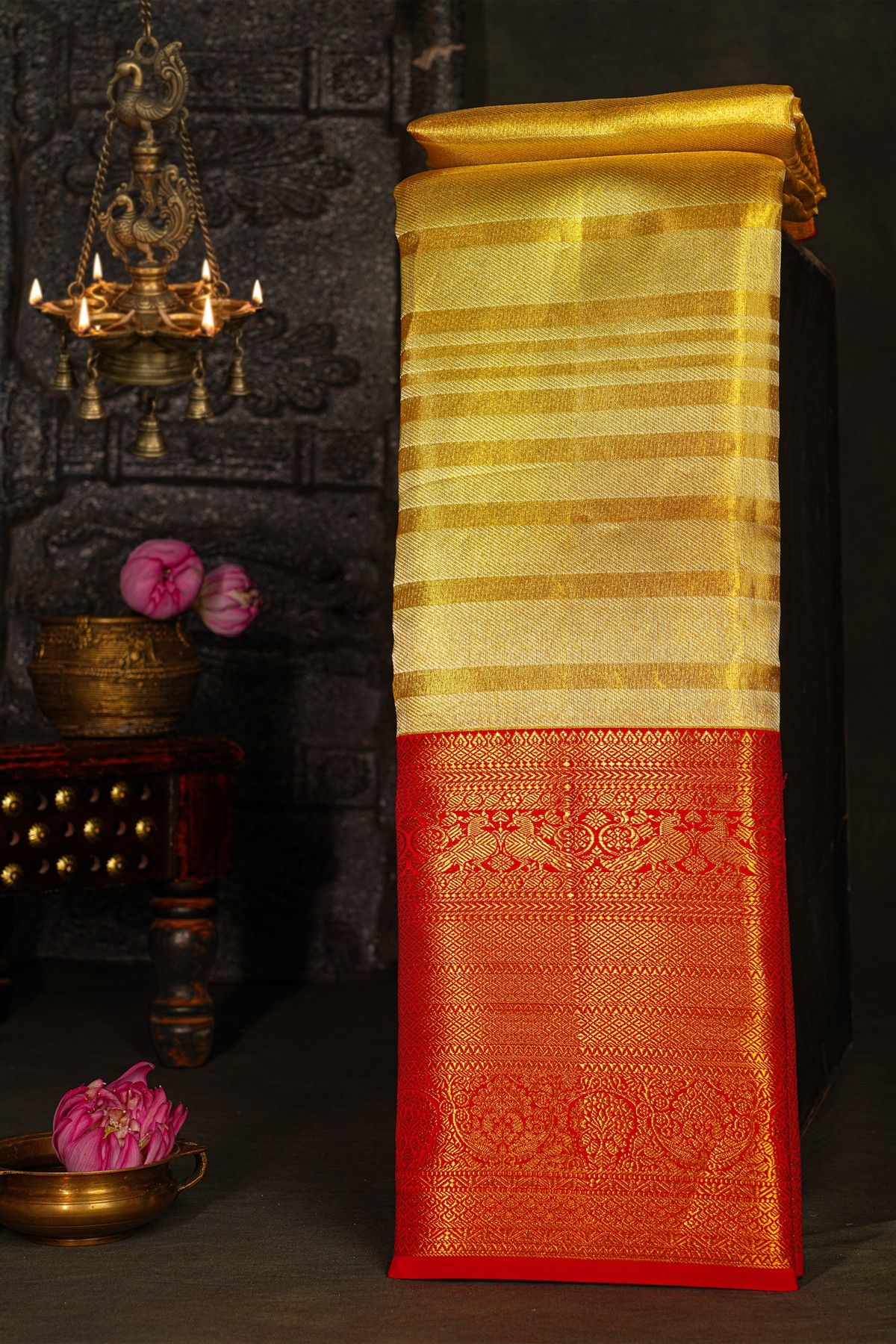 Kancheepuram Silk Golden Yellow Saree With Strips Body And Contrast Florals And Leaves With Peacocks Border