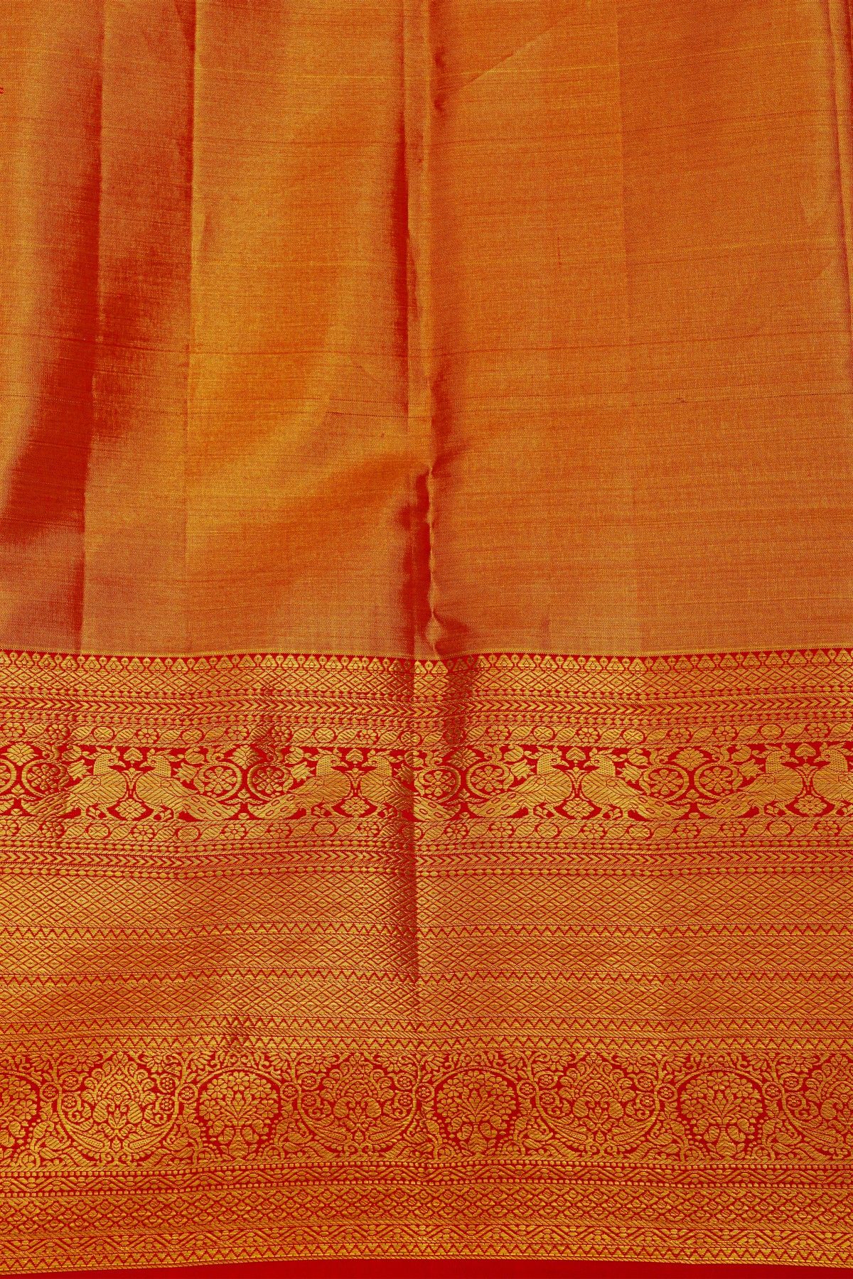 Kancheepuram Silk Golden Yellow Saree With Strips Body And Contrast Florals And Leaves With Peacocks Border