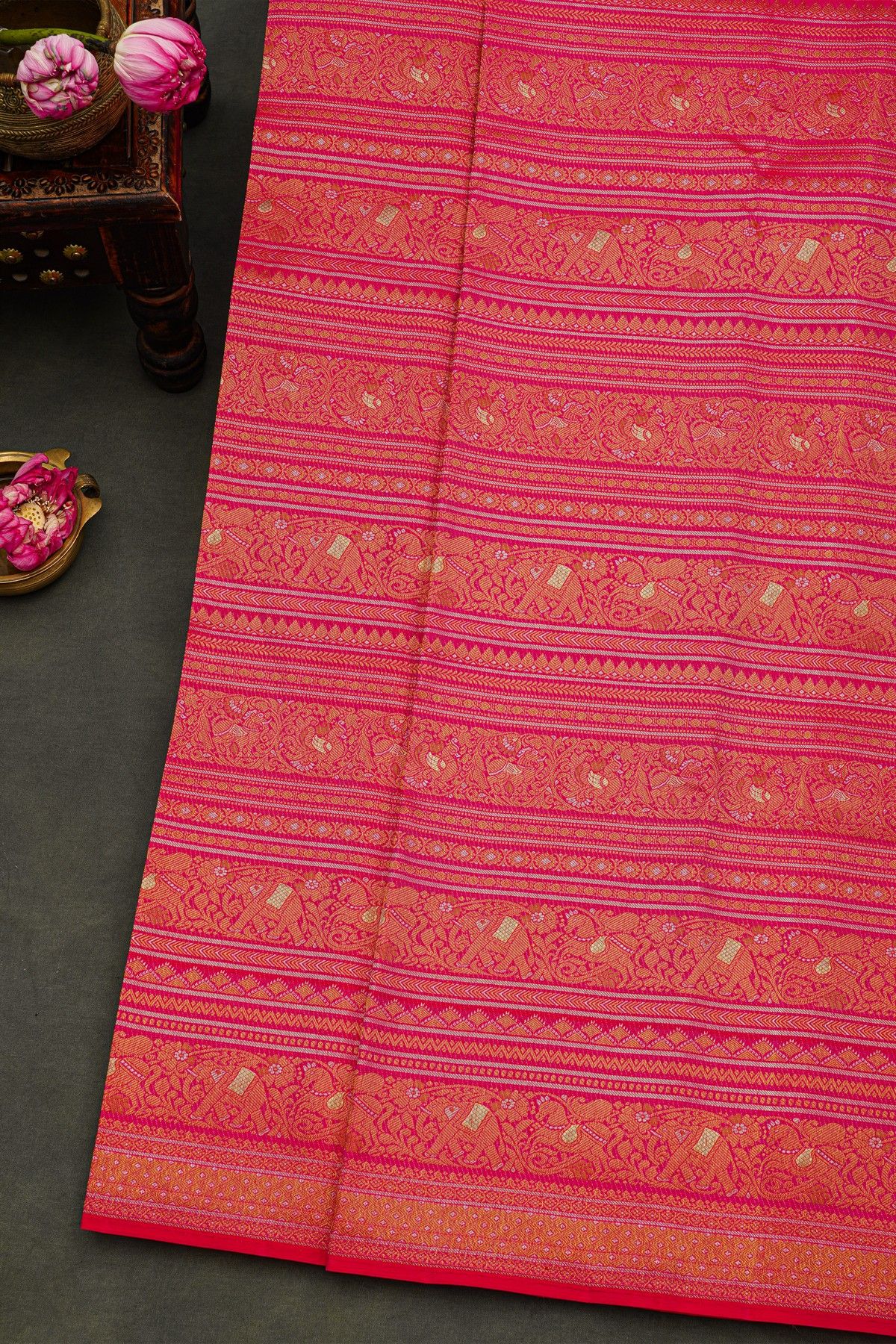 Kancheepuram Silk Pink Saree With Florals And Leaves With Animals Body And Self Florals And Leaves Border