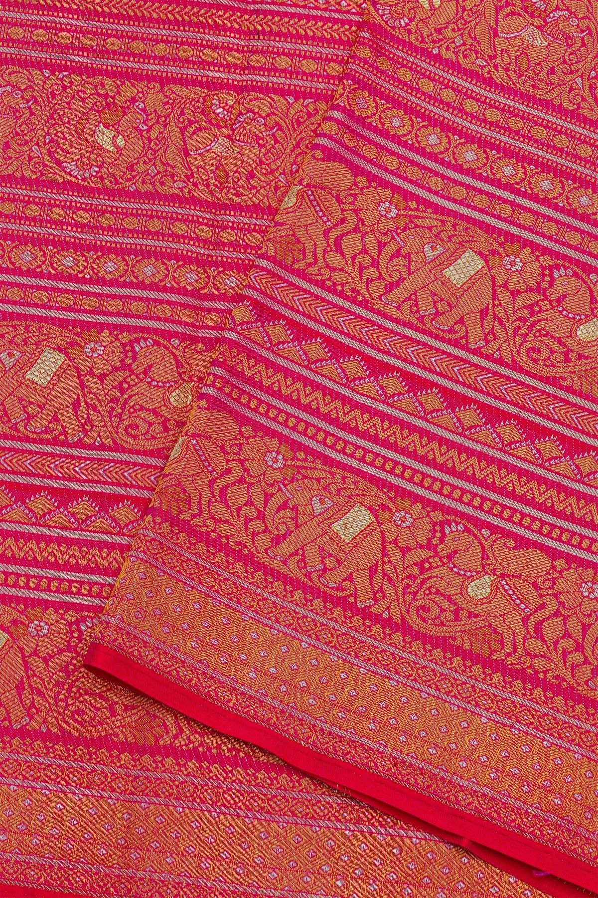 Kancheepuram Silk Pink Saree With Florals And Leaves With Animals Body And Self Florals And Leaves Border