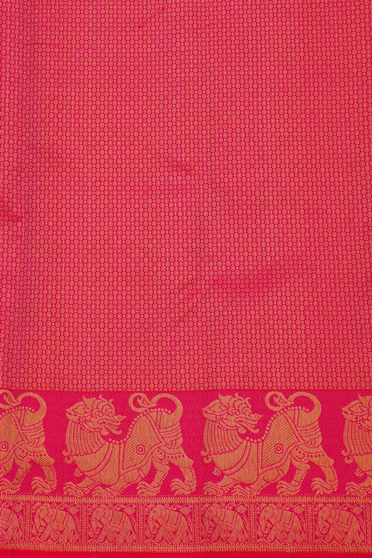 Kancheepuram Silk Pink Saree With Florals And Leaves With Animals Body And Self Florals And Leaves Border