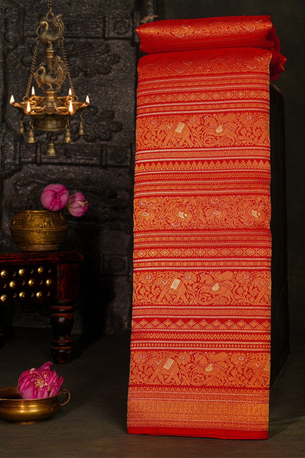 Kancheepuram Silk Maroon Saree With Florals And Birds And Animals Striped Body And Self Diamonds In Zari And Florals And Animals Border