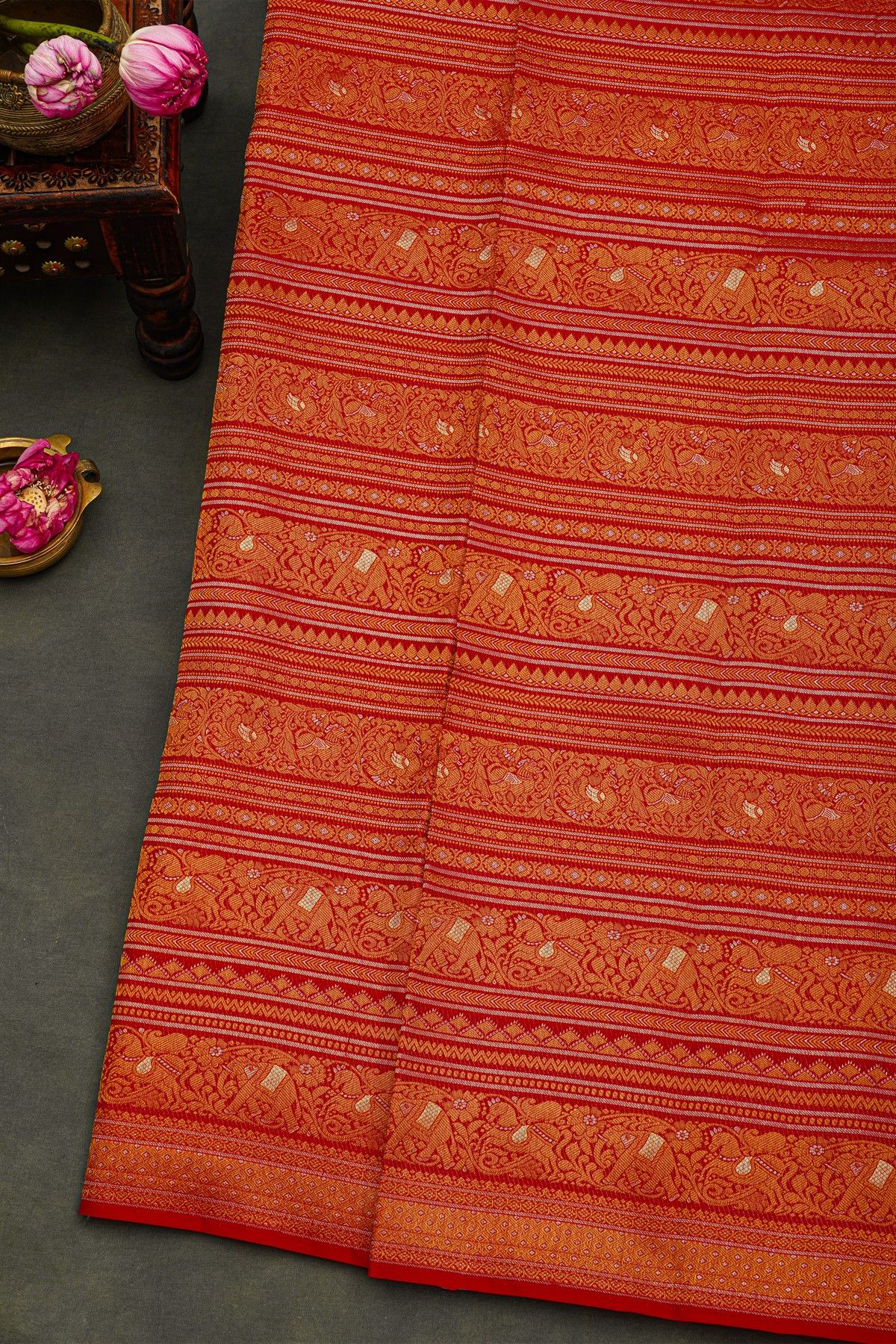 Kancheepuram Silk Maroon Saree With Florals And Birds And Animals Striped Body And Self Diamonds In Zari And Florals And Animals Border