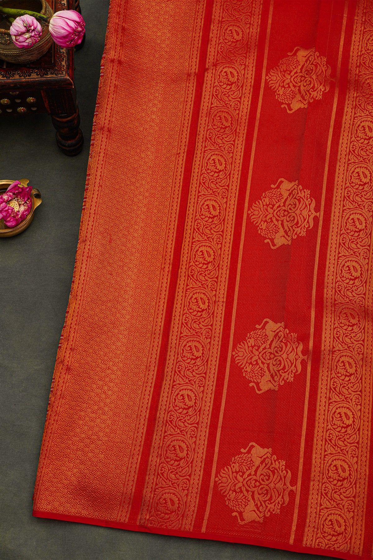 Kancheepuram Silk Maroon Saree With Florals And Birds And Animals Striped Body And Self Diamonds In Zari And Florals And Animals Border