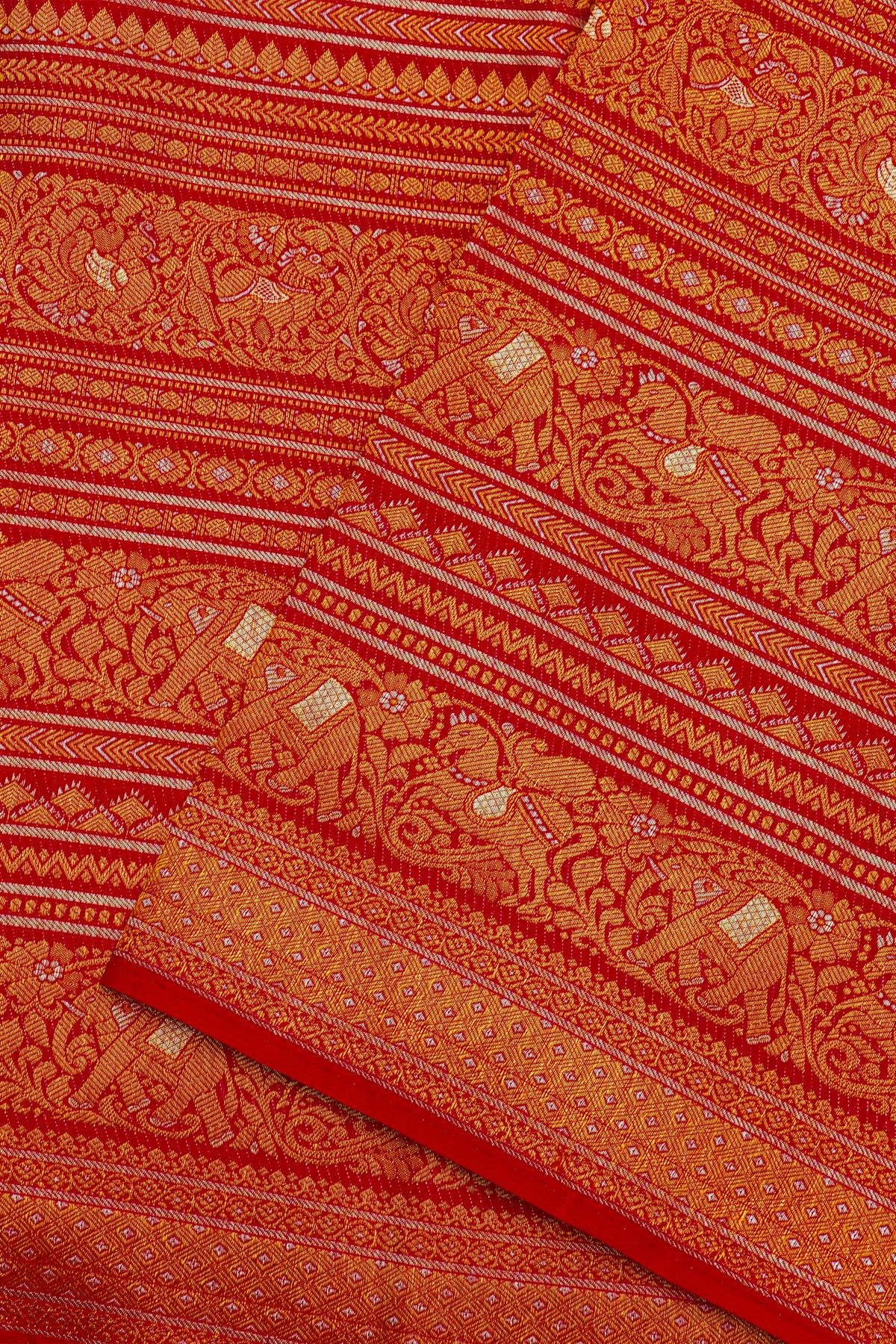 Kancheepuram Silk Maroon Saree With Florals And Birds And Animals Striped Body And Self Diamonds In Zari And Florals And Animals Border
