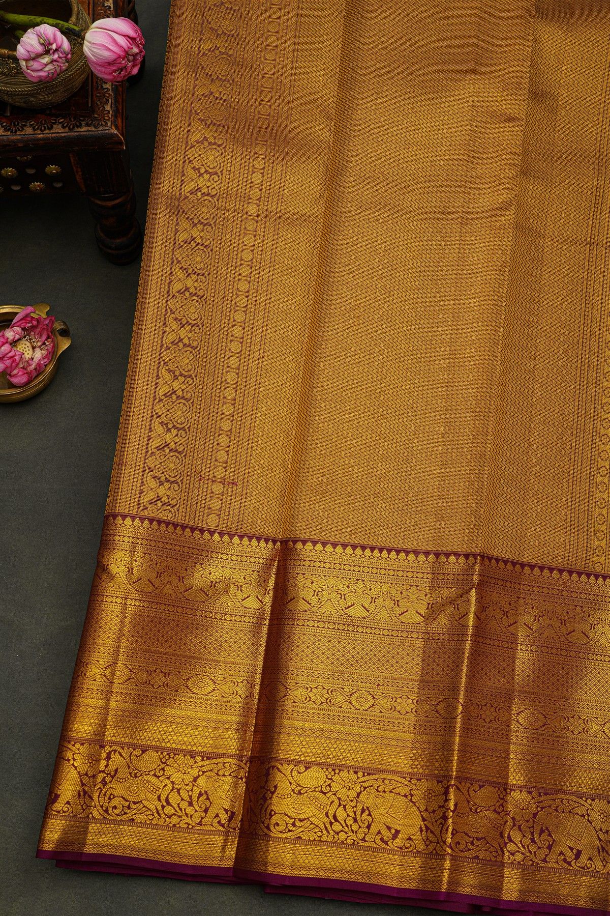 Kancheepuram Silk Yellow Saree With Peacock Buttis Body And Contrast Zari Diamonds, Florals And Animals Border