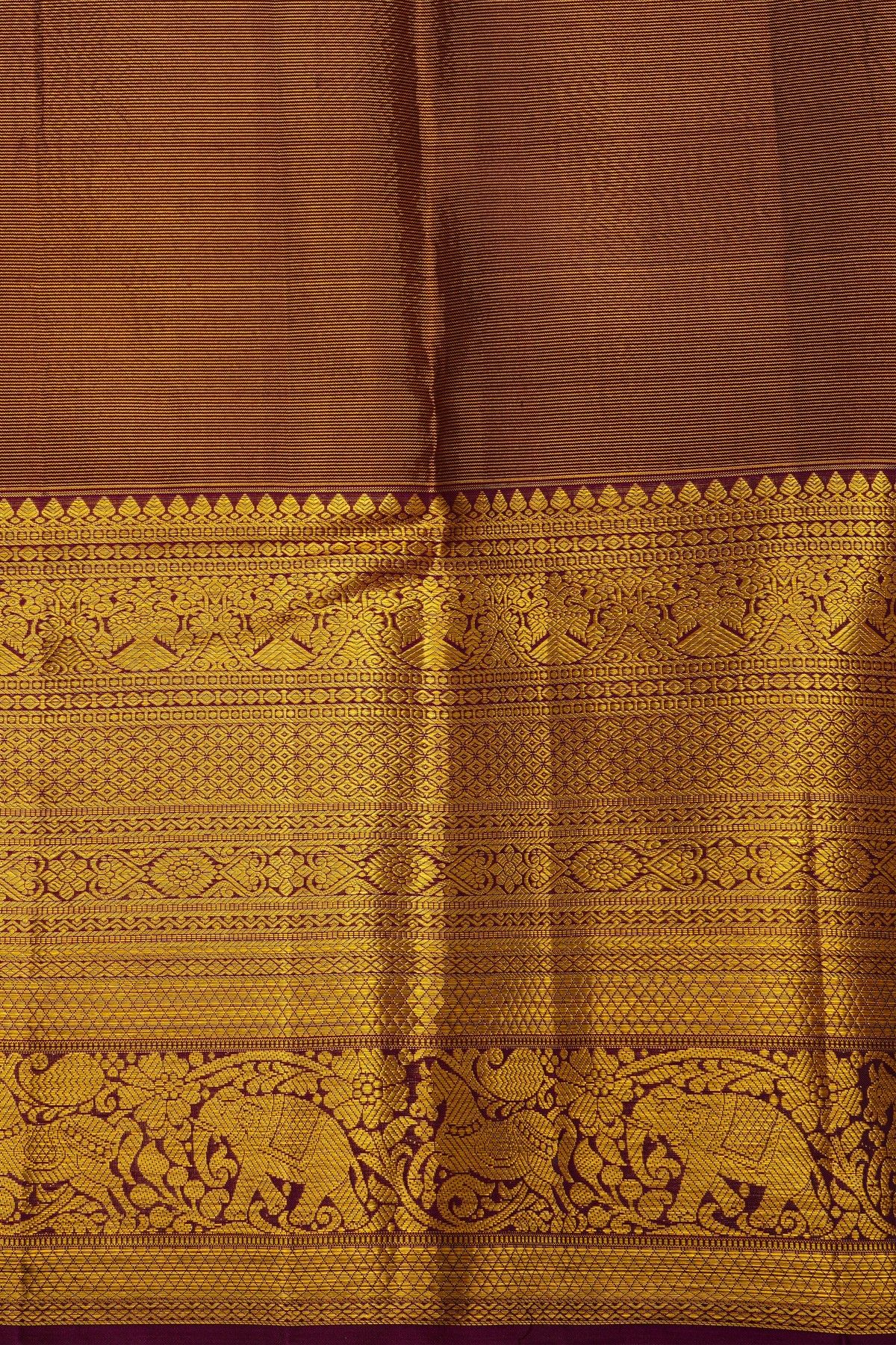 Kancheepuram Silk Yellow Saree With Peacock Buttis Body And Contrast Zari Diamonds, Florals And Animals Border
