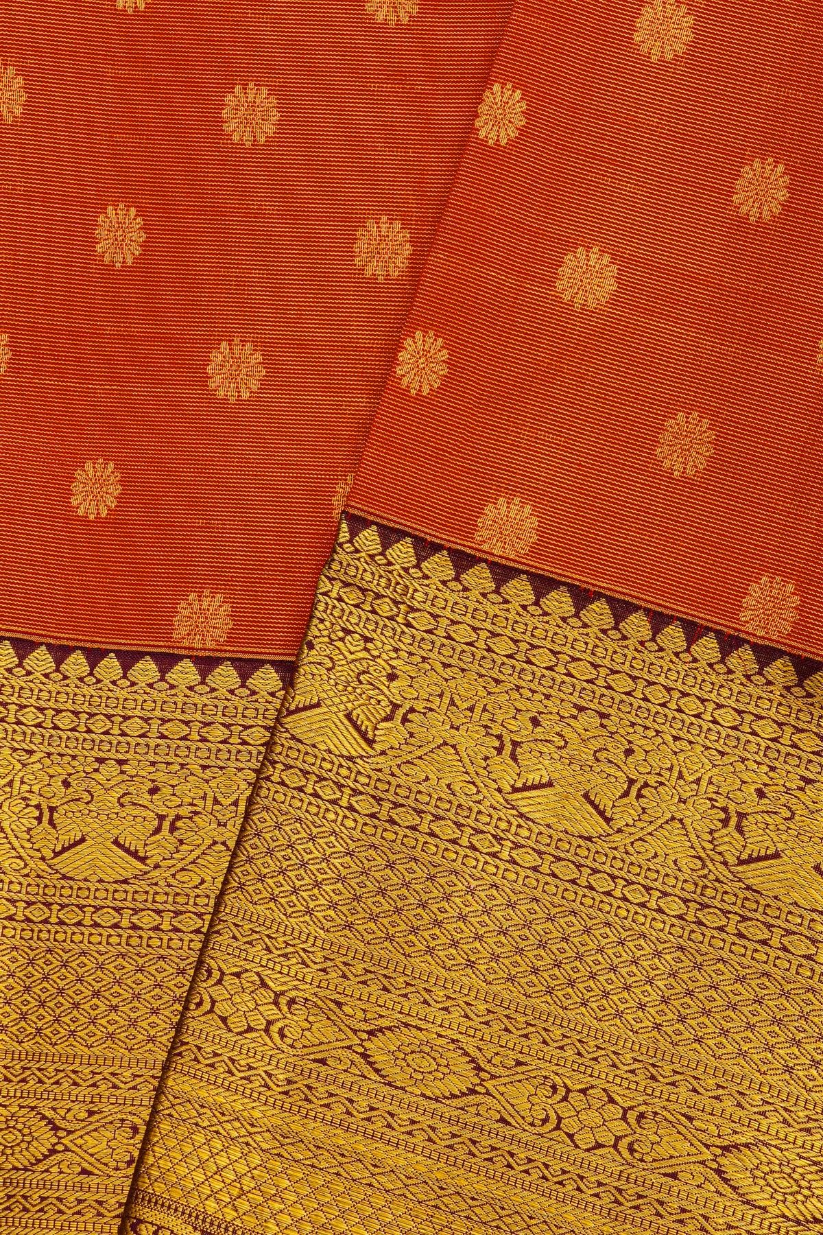 Kancheepuram Silk Red Saree With Florals And Buttis Body And Contrast Zari Diamonds, Florals And Animals Border
