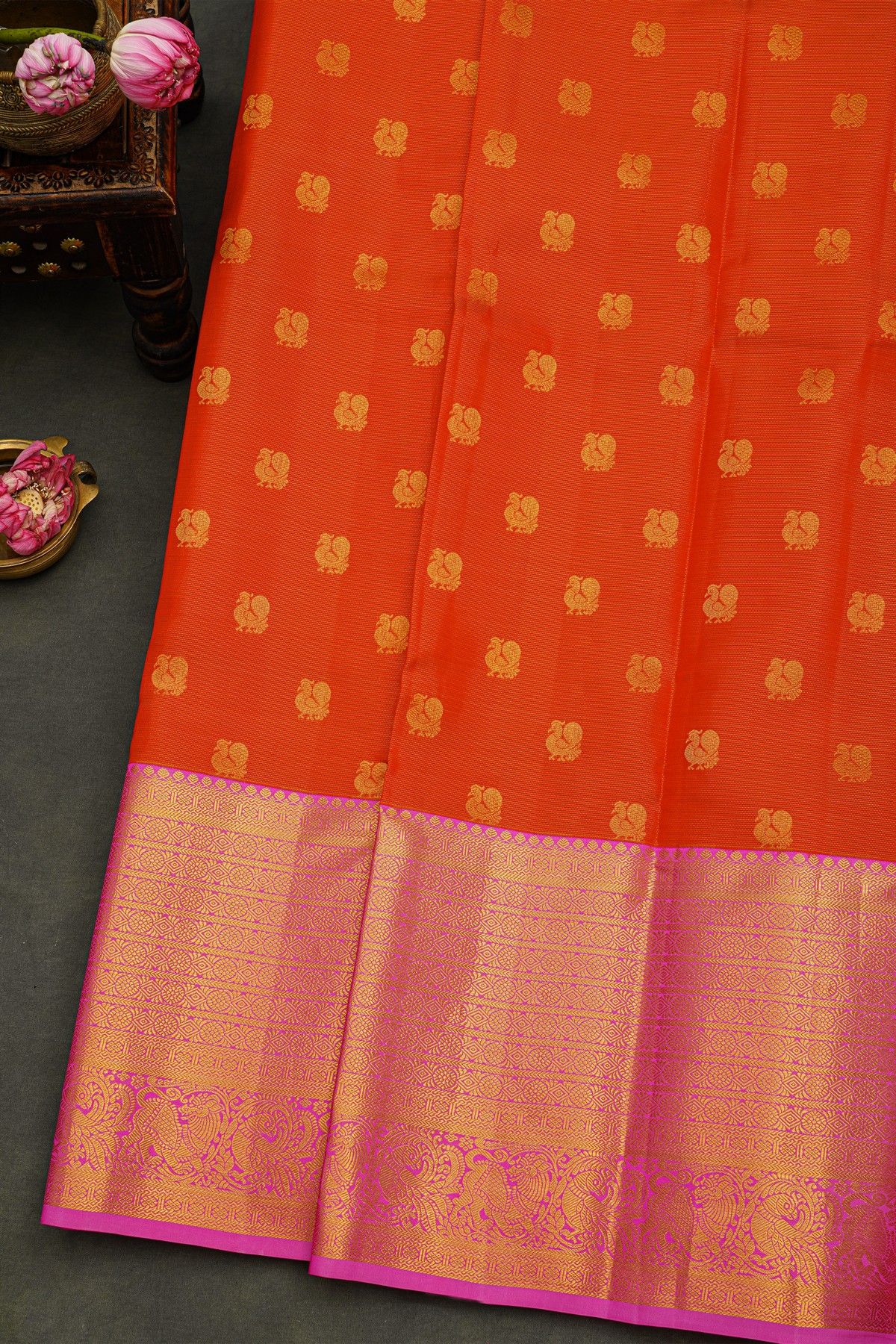 Kancheepuram Silk Red Saree With Peacock Buttis Body And Contrast Zari Florals, Leaves And Peacocks Border