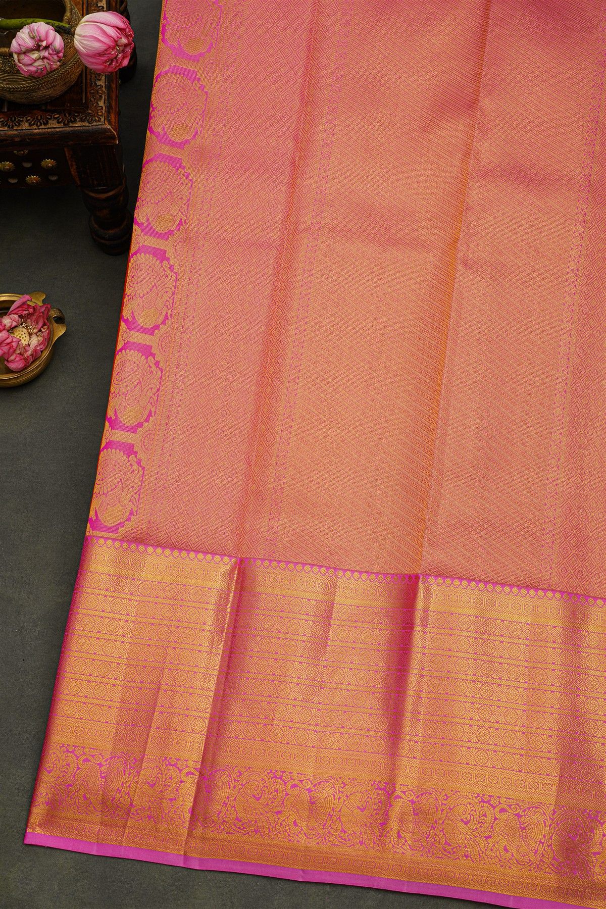 Kancheepuram Silk Red Saree With Peacock Buttis Body And Contrast Zari Florals, Leaves And Peacocks Border