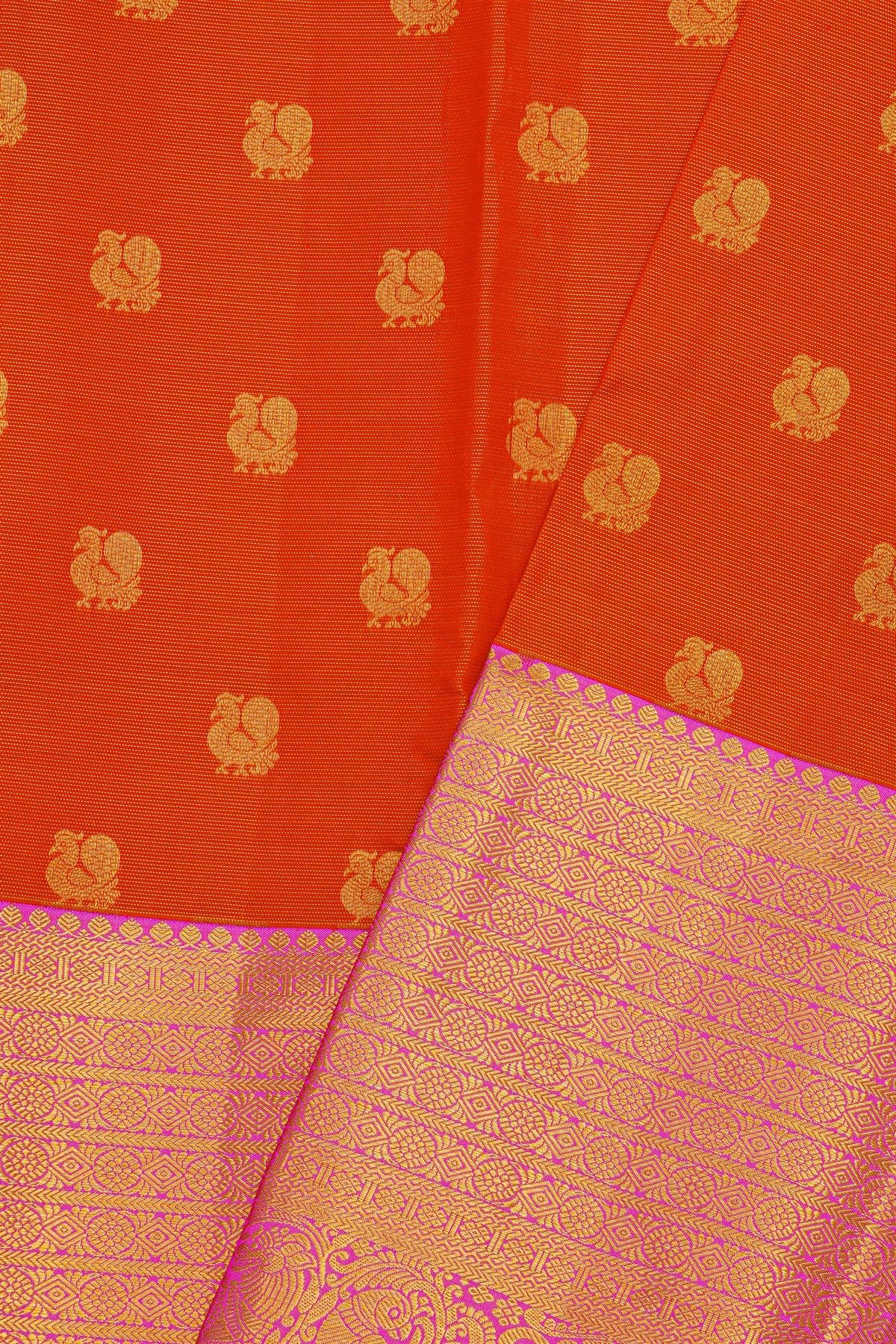 Kancheepuram Silk Red Saree With Peacock Buttis Body And Contrast Zari Florals, Leaves And Peacocks Border