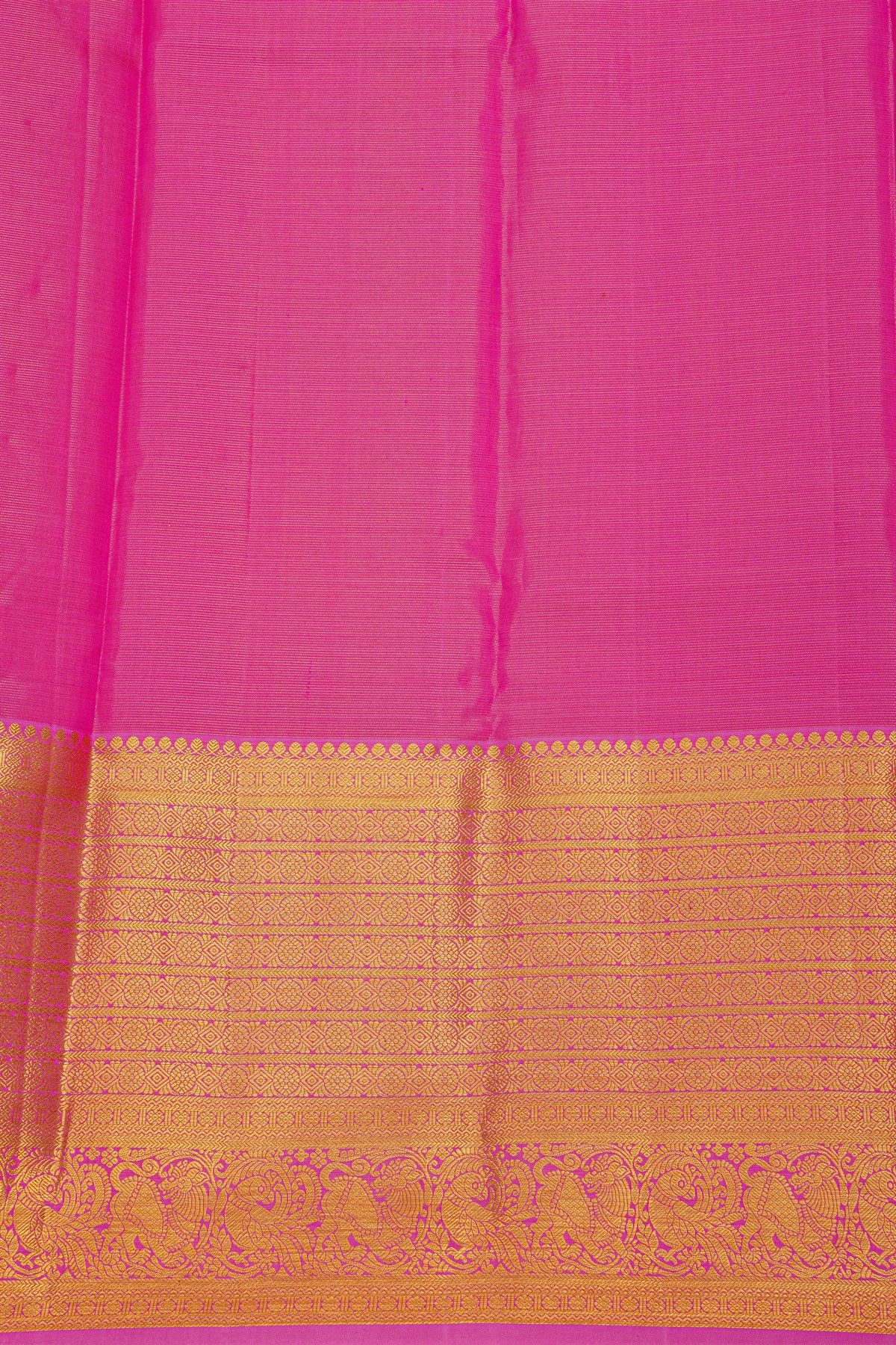 Kancheepuram Silk Red Saree With Peacock Buttis Body And Contrast Zari Florals, Leaves And Peacocks Border