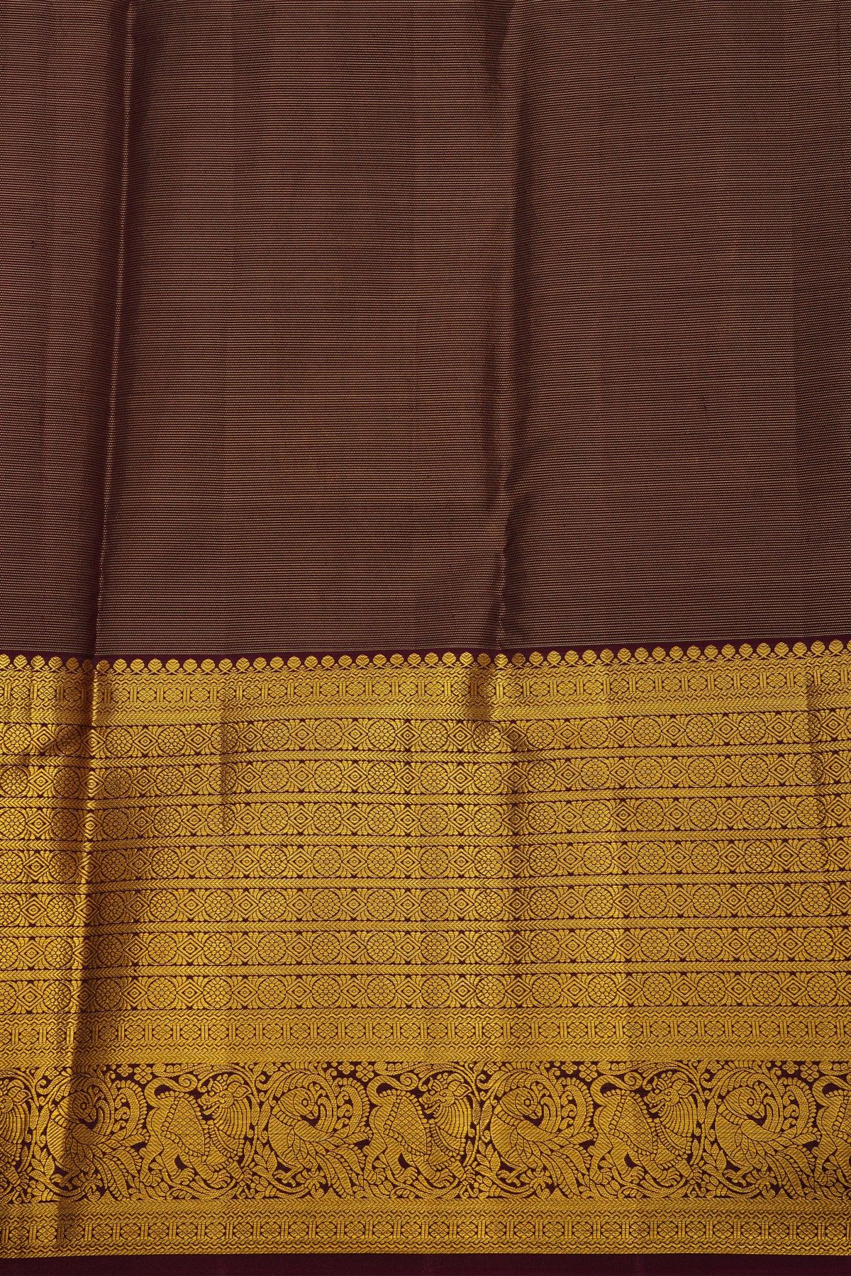 Kancheepuram Silk Yellow Saree With Peacock Buttis Body And Contrast Zari Diamonds, Florals And Animals Border