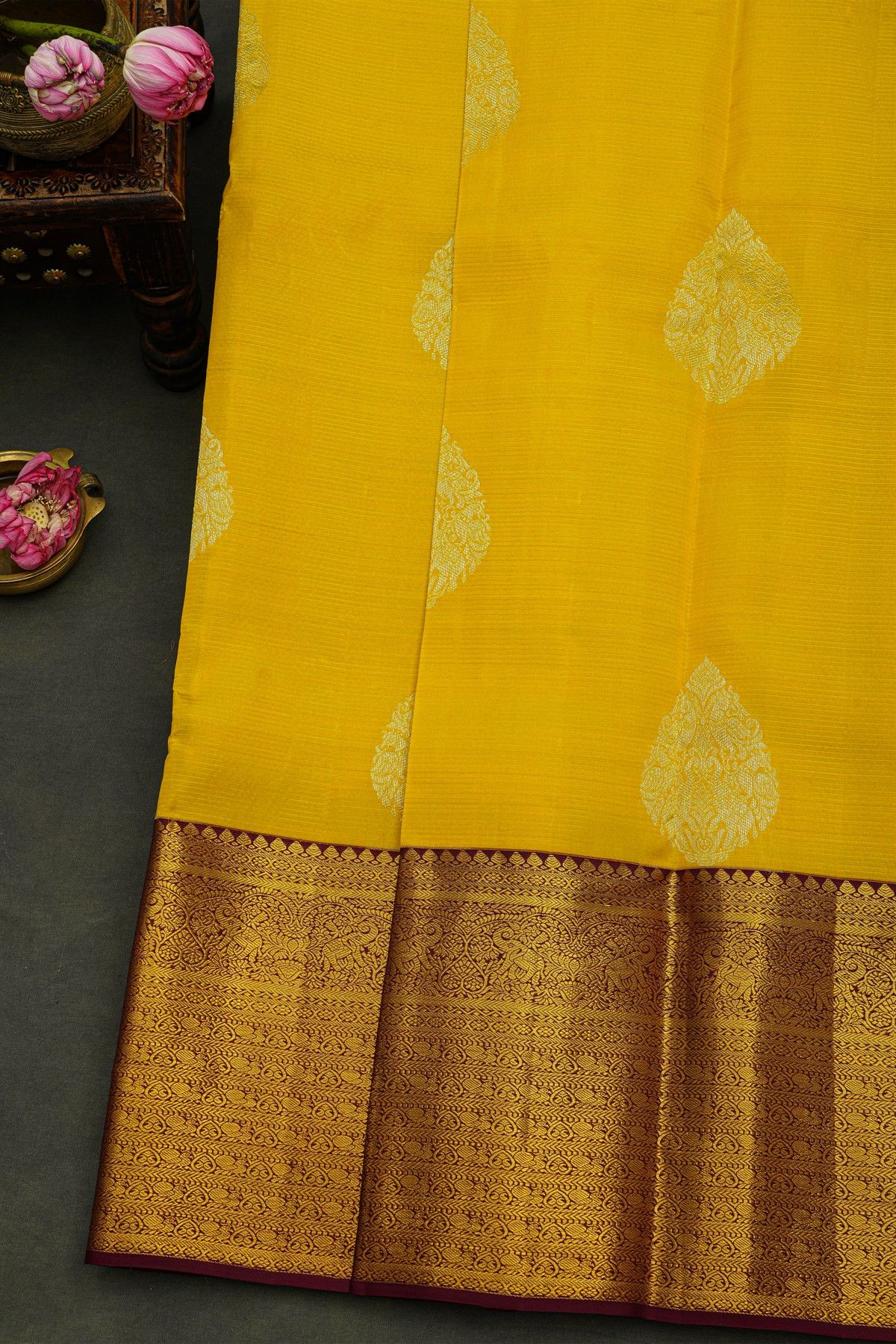 Kancheepuram Silk Golden Yellow Saree With Florals And Leaves Body And Contrast Florals And Leaves Jaal Border