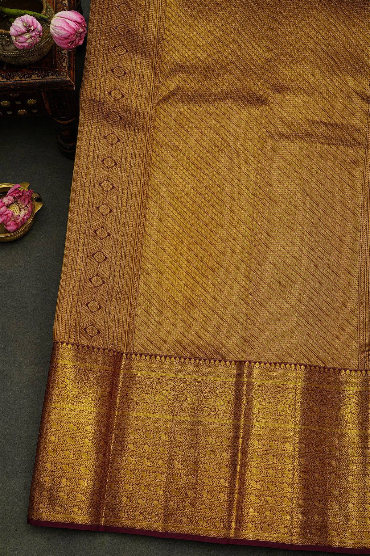 Kancheepuram Silk Golden Yellow Saree With Florals And Leaves Body And Contrast Florals And Leaves Jaal Border