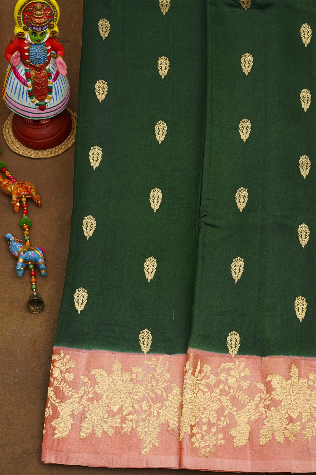 Fancy Matka Silk Bottle Green Saree With Florals And Leaves Jaal Border