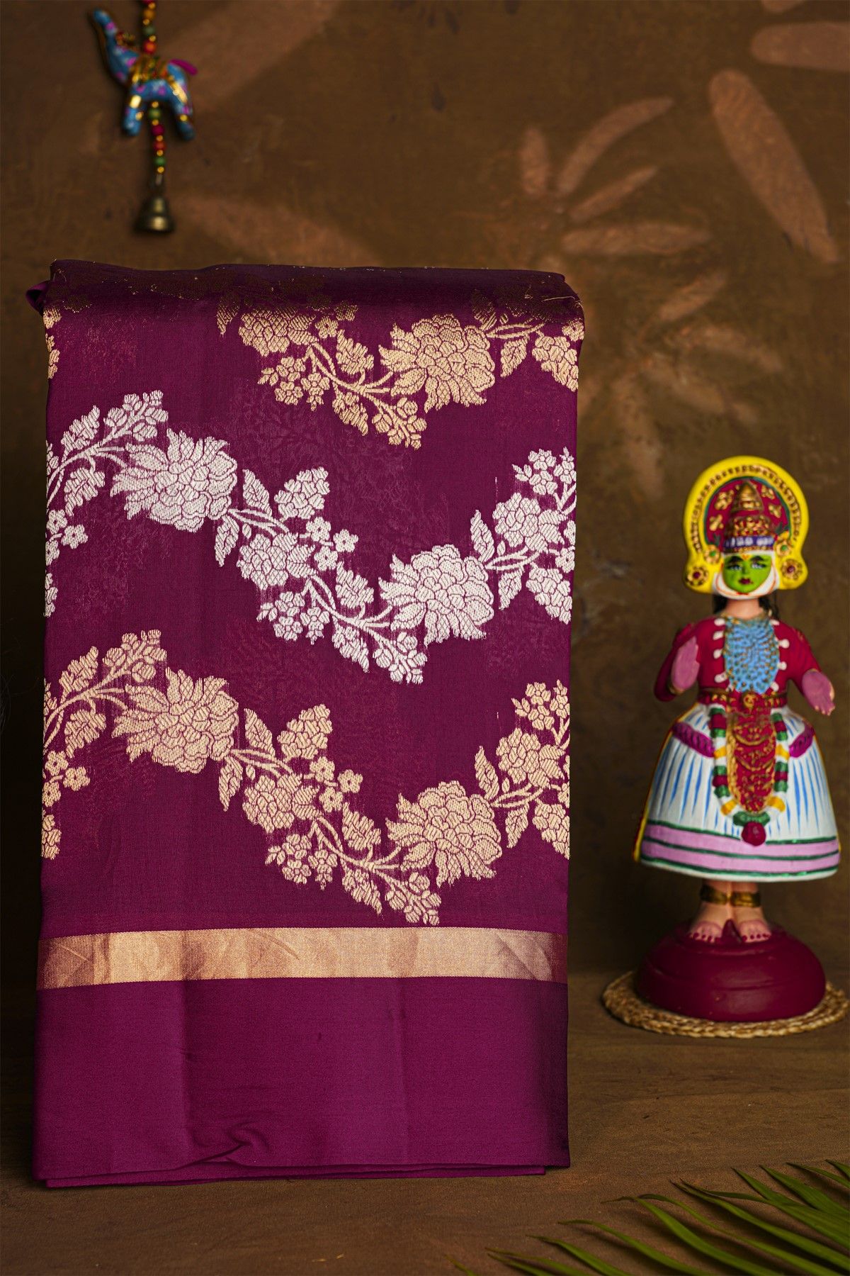 Fancy Matka Silk Wine Saree With Florals And Leaves Jaal Body