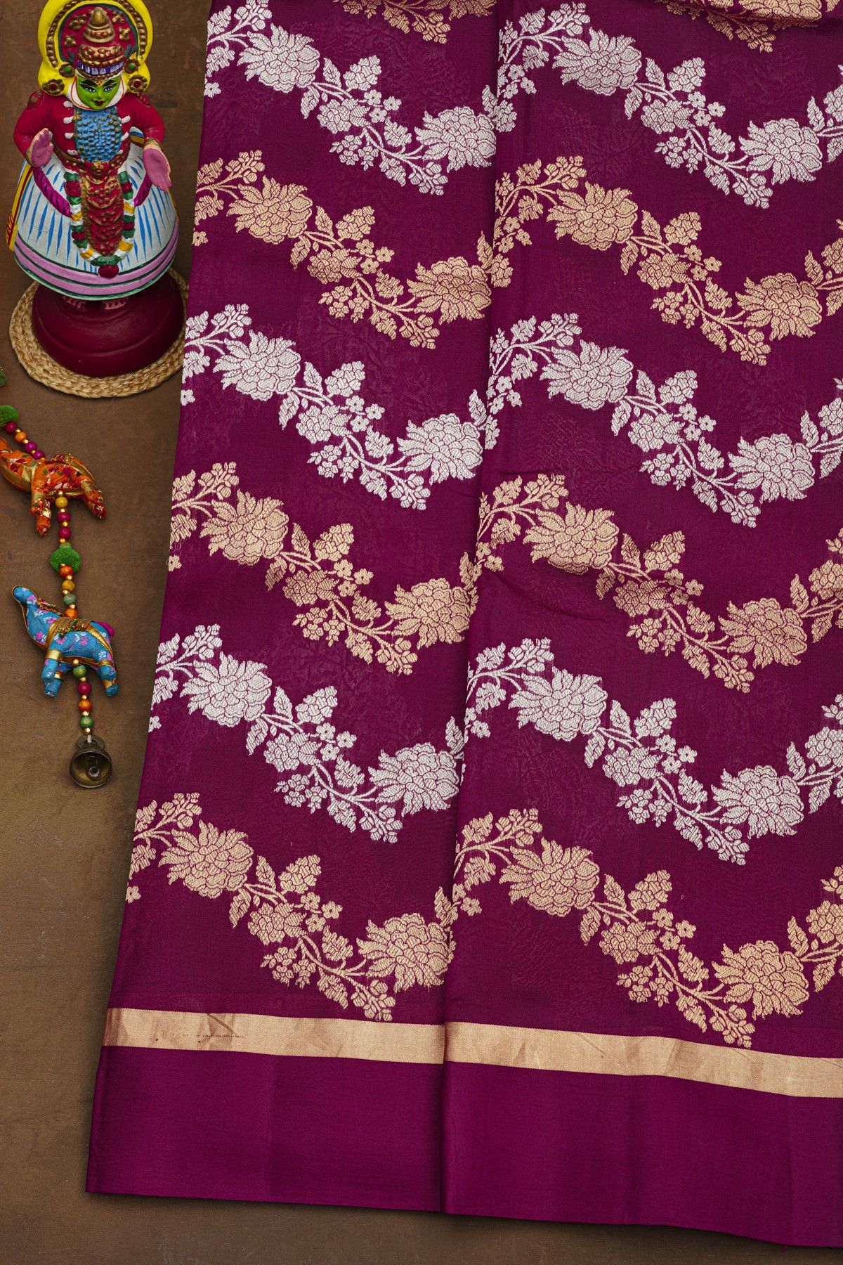 Fancy Matka Silk Wine Saree With Florals And Leaves Jaal Body
