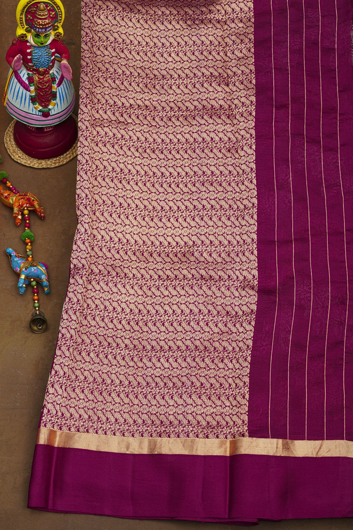 Fancy Matka Silk Wine Saree With Florals And Leaves Jaal Body