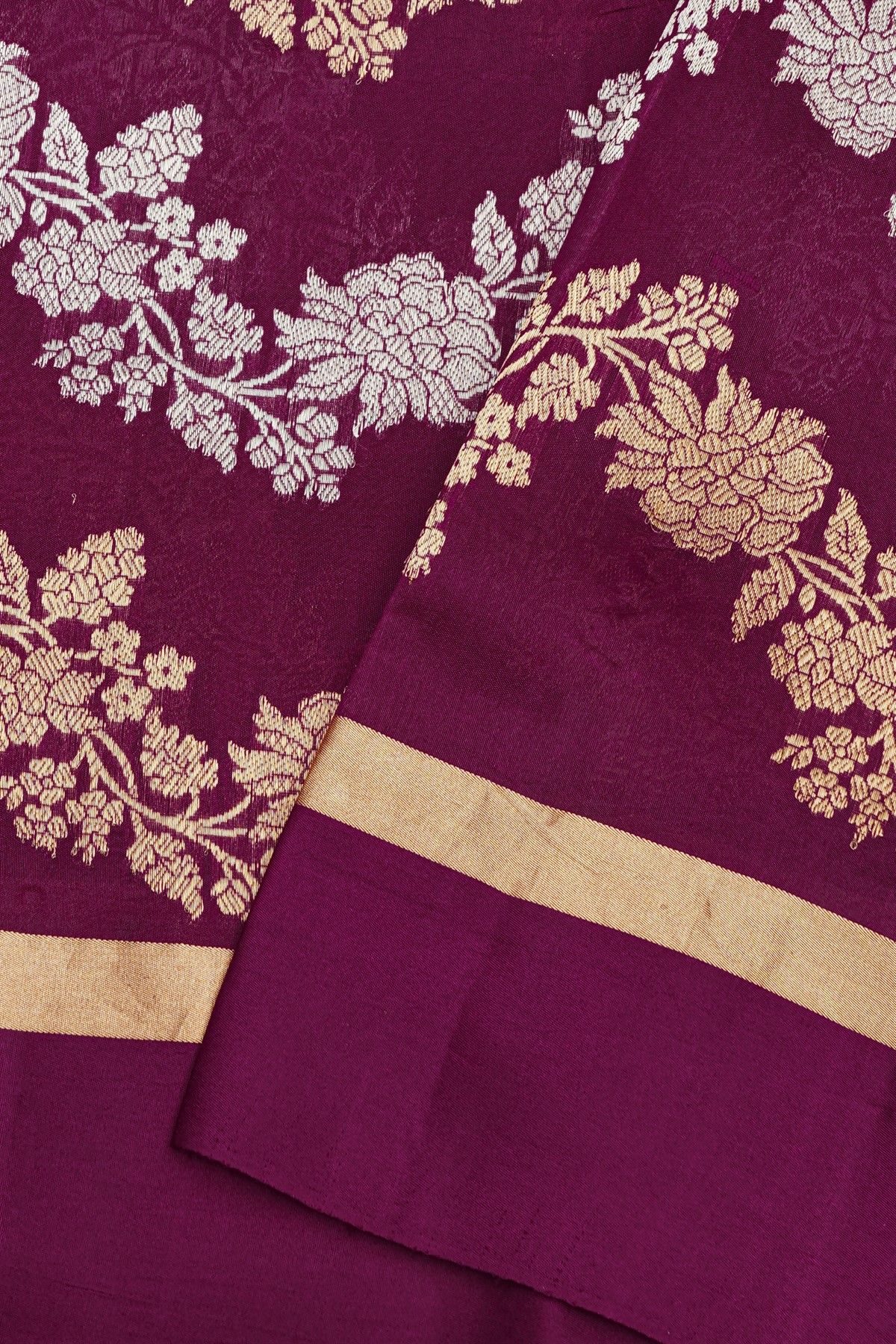 Fancy Matka Silk Wine Saree With Florals And Leaves Jaal Body
