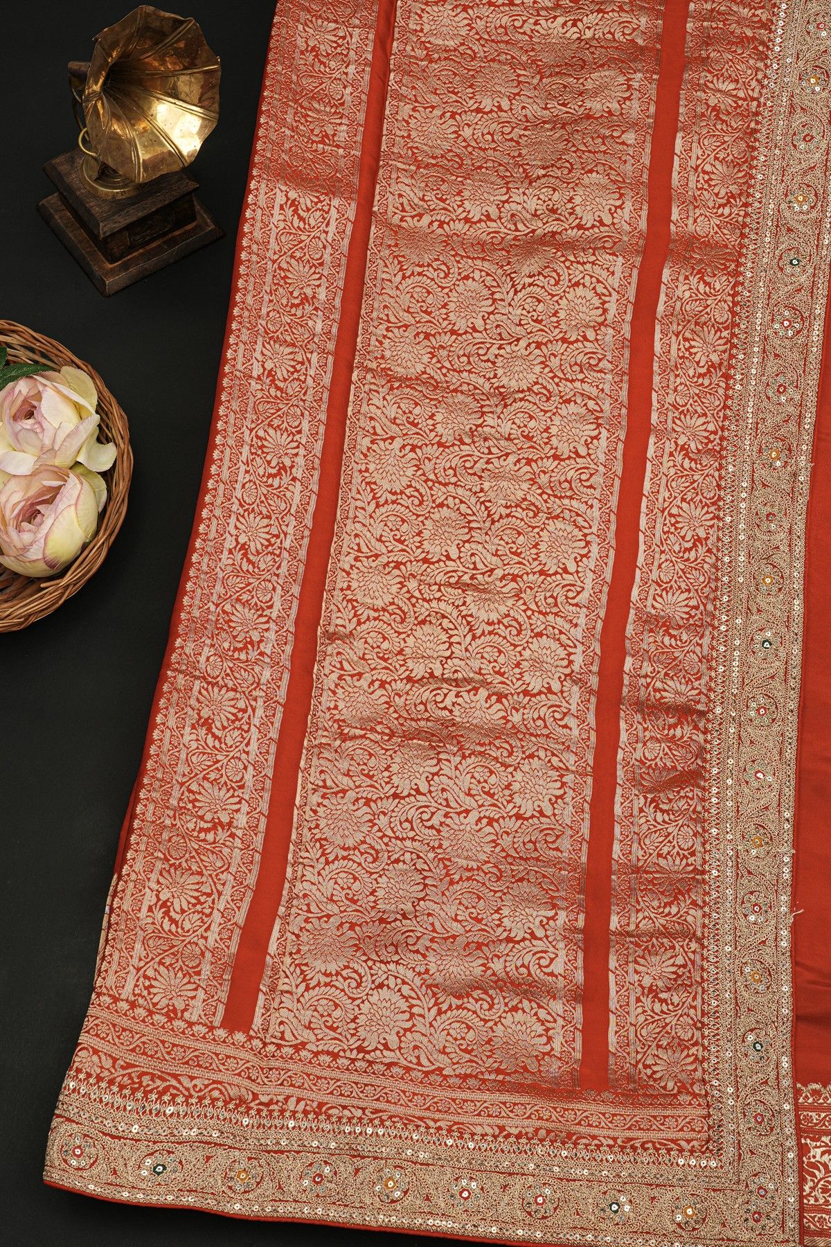 Fancy Crepe Red Saree With Florals And Leaves In Zari Body And Self Design Florals And Leaves With Sequins Work Border