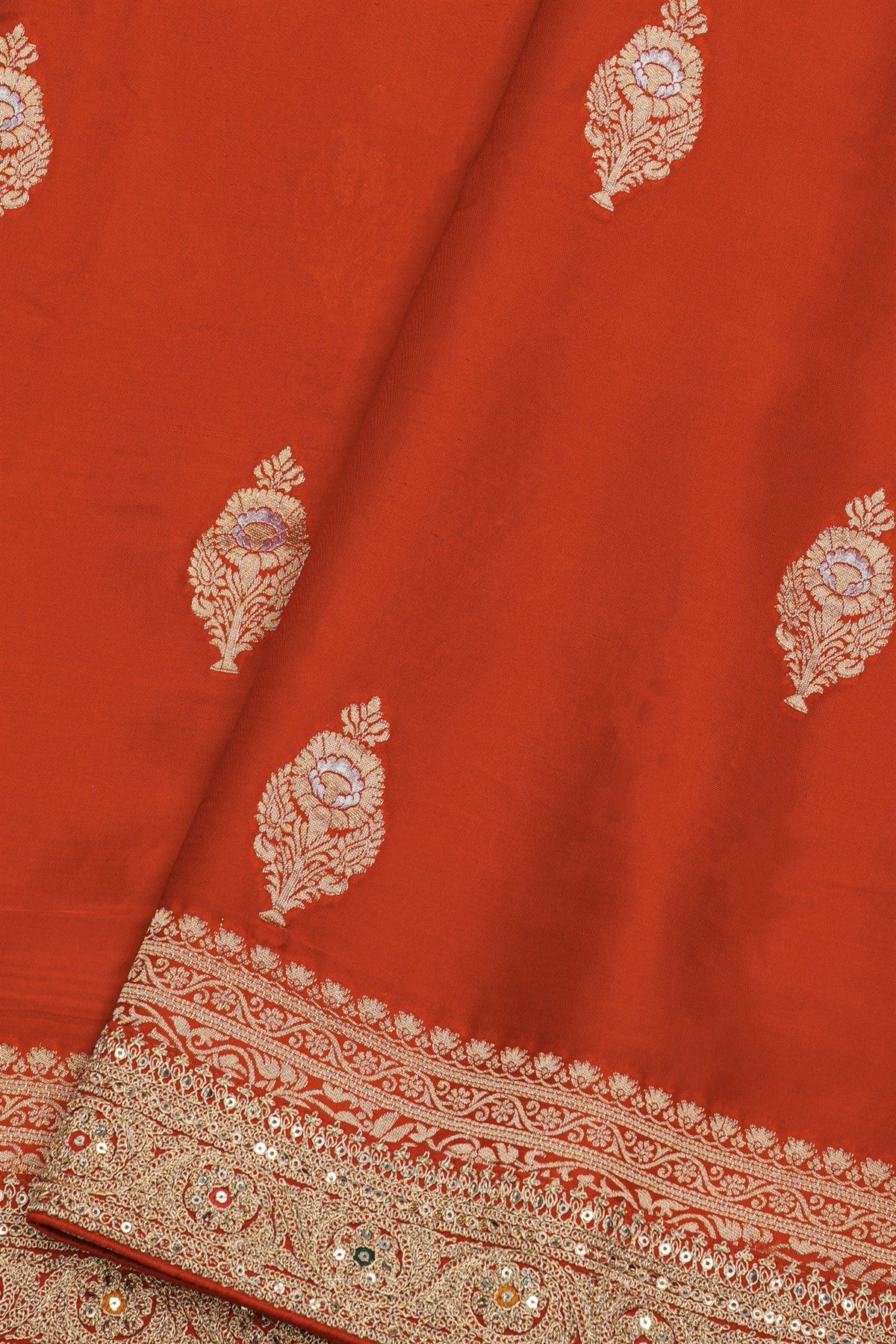 Fancy Crepe Red Saree With Florals And Leaves In Zari Body And Self Design Florals And Leaves With Sequins Work Border