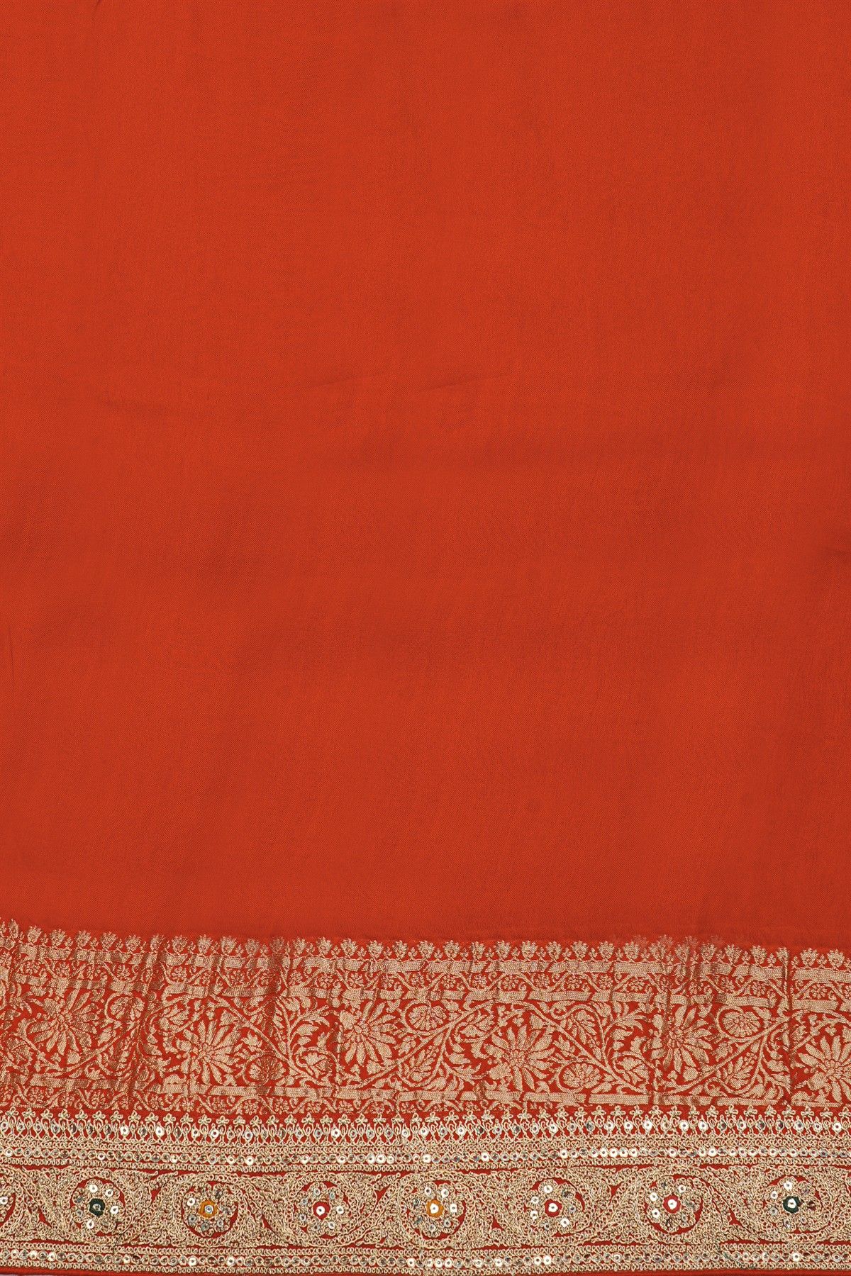 Fancy Crepe Red Saree With Florals And Leaves In Zari Body And Self Design Florals And Leaves With Sequins Work Border