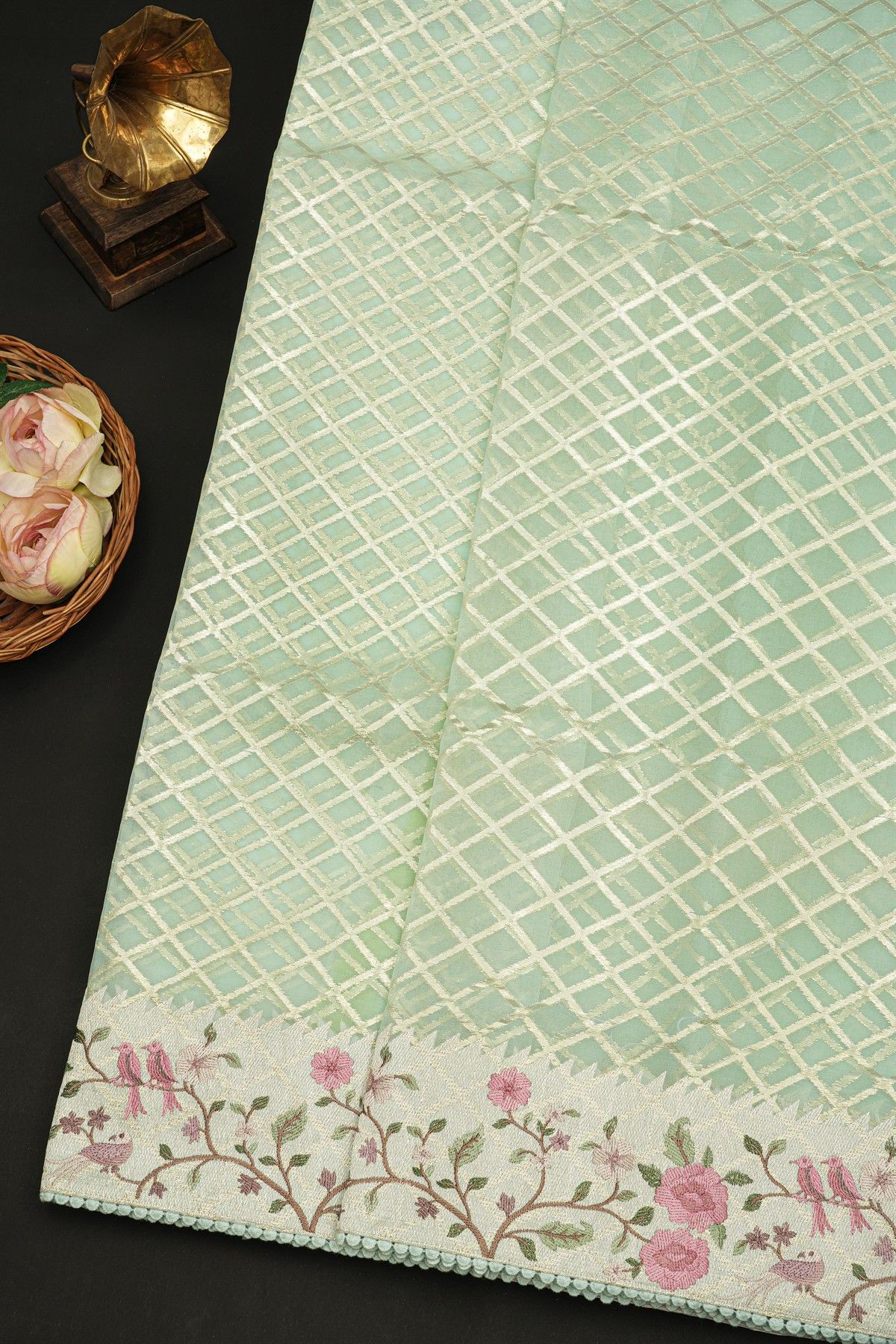 Fancy Kora Sea Blue Saree With All Over Cross Checks Body And Self Design Florals And Leaves In Thread Work Border