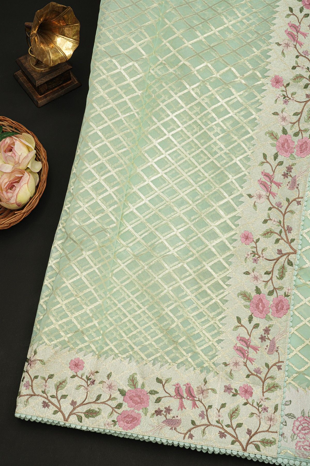 Fancy Kora Sea Blue Saree With All Over Cross Checks Body And Self Design Florals And Leaves In Thread Work Border